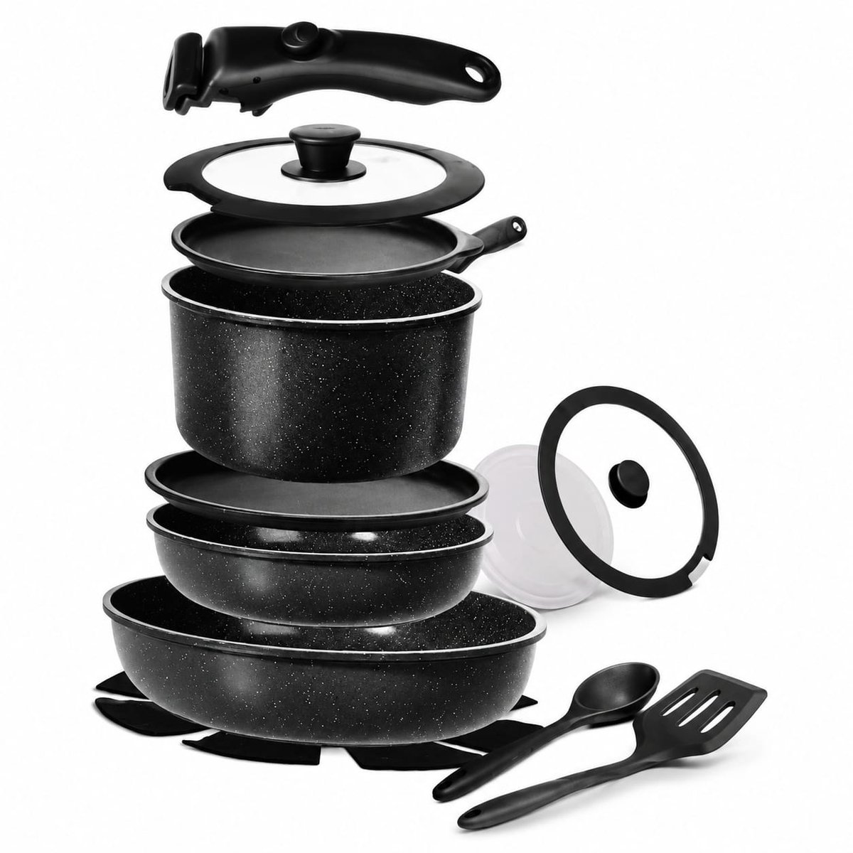 Vinak Koekenpannenset met afneembare handgreep | Antiaanbaklaag -11 STUKS - 26 cm + 20 cm koekenpan, 18 cm steelpan, opbergdeksels, siliconen kookgerei | Inductie en Oven | PFOA/BPA-vrij
