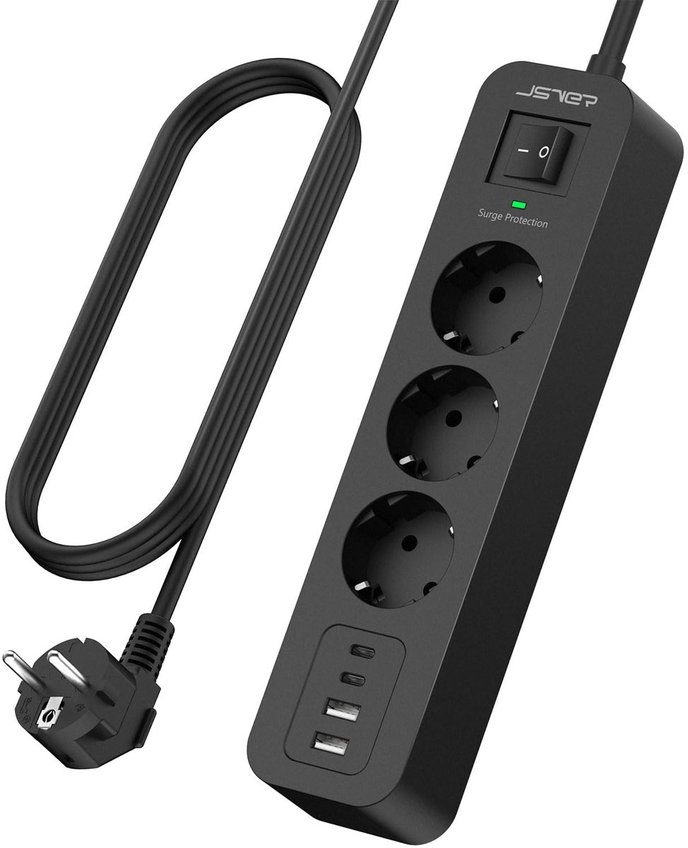 SnelShoppen - 7-in-1 Adapter met 3 Stopcontacten en 4 USB-oplaadpoorten, Overspanningsbeveiliging met Schakelaar, 2m Verlengsnoer voor Thuis, Kantoor