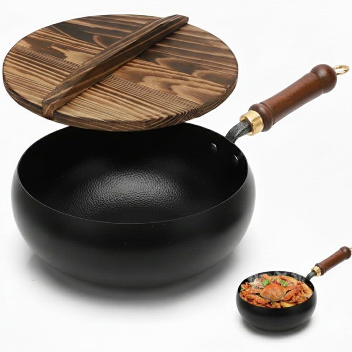 Iron Pan with Wooden Lid, Japanese Iron Pan, Forged, Uncoated Hand Forged Iron Pan, Cast Iron Pan, 28 cm, for - ShopVlot