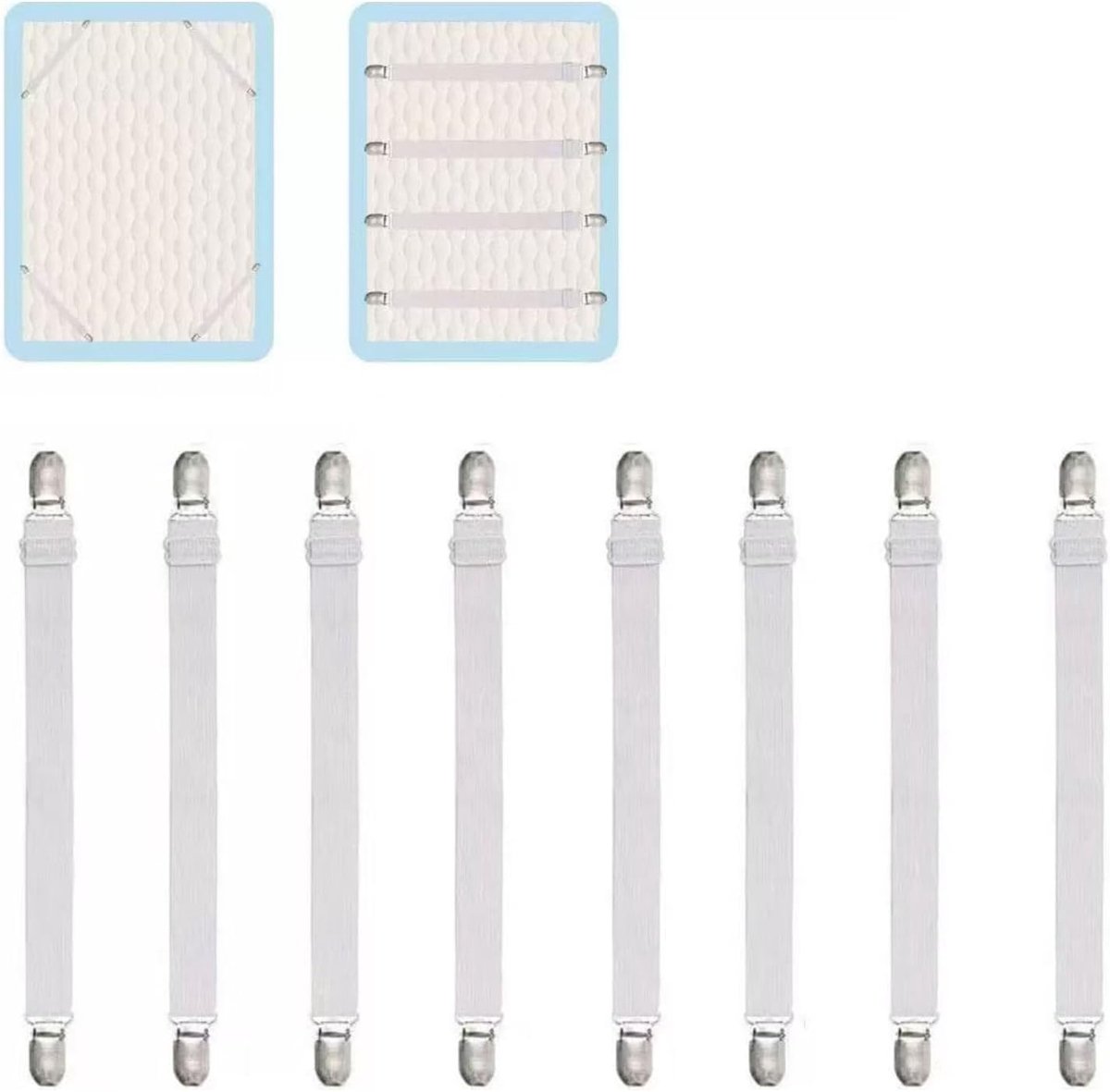 Acht stuks verstelbare elastische verfclips en -banden (50-150cm) - Matrasgrippers - Voor beddengoed en sofa kussens - ShopVlot