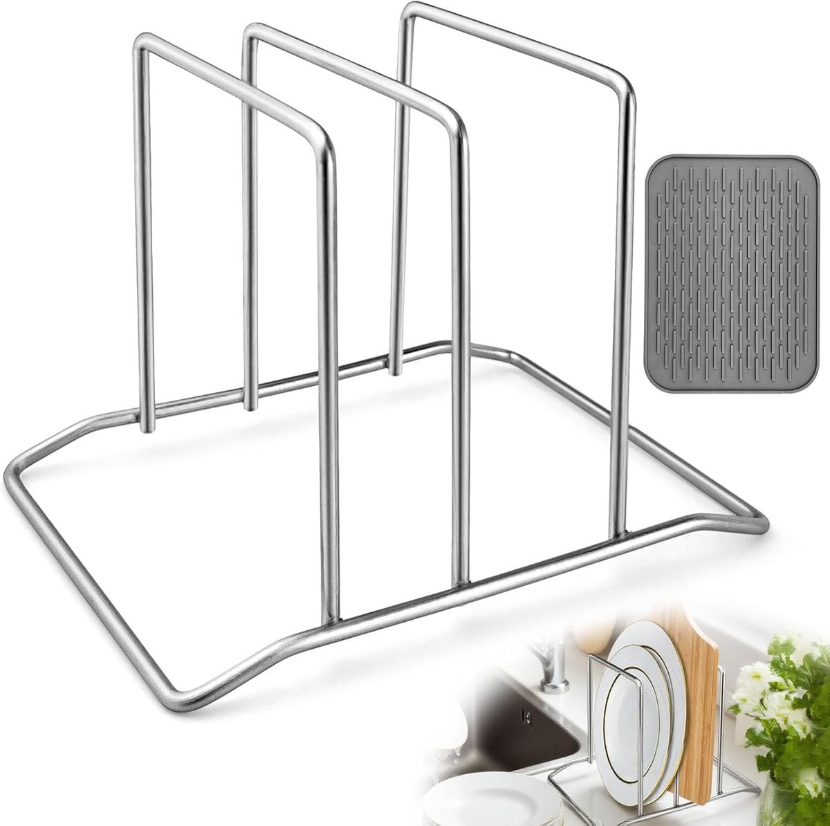 Snijplankhouder 13 x 10 x 9 cm - Roestvrij staal met grijze afdruipmat - Plankstandaard voor snijplanken - ShopVlot