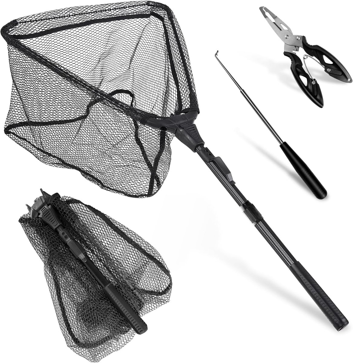 SnelShoppen - Telescopische Viskescher met 1 Stuk Visplooier en 1 Stuk Haakverwijderaar, 90cm Rubber Net, Forel Viskescher voor Karper, Zalm, Baars, M