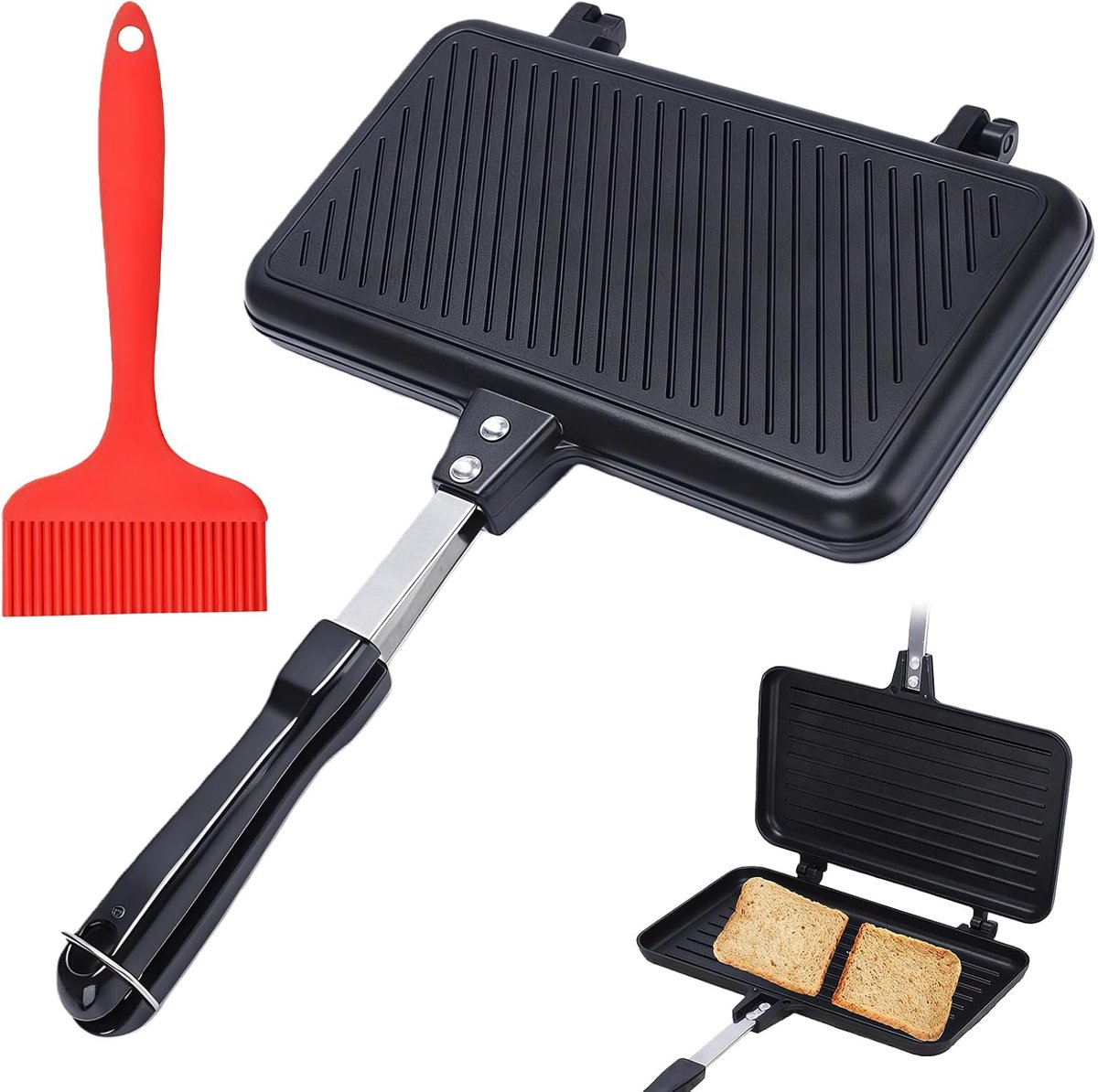 Dubbelzijdige Sandwich Bakvorm 37×25×4.2cm - Aluminium met Antiaanbaklaag - Inclusief Oliekwast - ShopVlot
