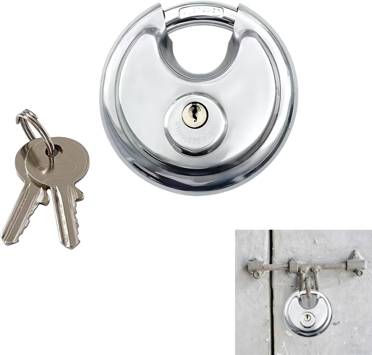 SnelShoppen - Ronde schakel hangslot, schijfsleutel hangslot met 2 sleutels, 360° bescherming, roestvrijstalen behuizing, ideaal voor deuren, containe