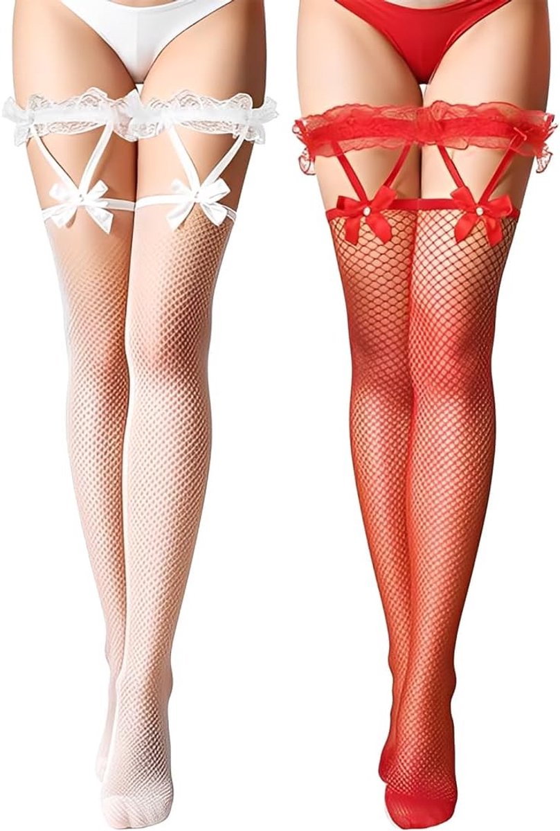 SnelShoppen - 2 Paar Suspender Kousen met Kant Tops, Visnet Kousen voor Vrouwen, Fluffy Suspender Kousen voor Cosplay Feest, 2 Kleuren