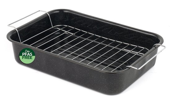 Russell Hobbs Romano emaille braadpan met rooster, 34 cm, ideaal voor het braden van kip, rundvlees, groenten, antiaanbaklaag, grote diepe braadslede, gespikkelde afwerking, zwart