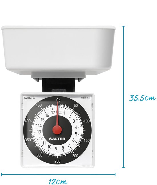 Witte keukenweegschaal met wijzerplaat, met afmetingen 35.5cm en 12cm.