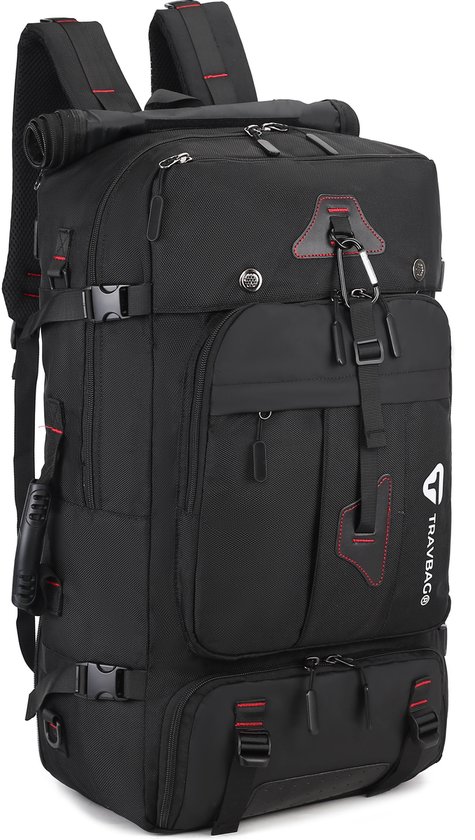 Zwarte TravBag expedition rugzak met meerdere vakken en rode accenten, op een witte achtergrond.