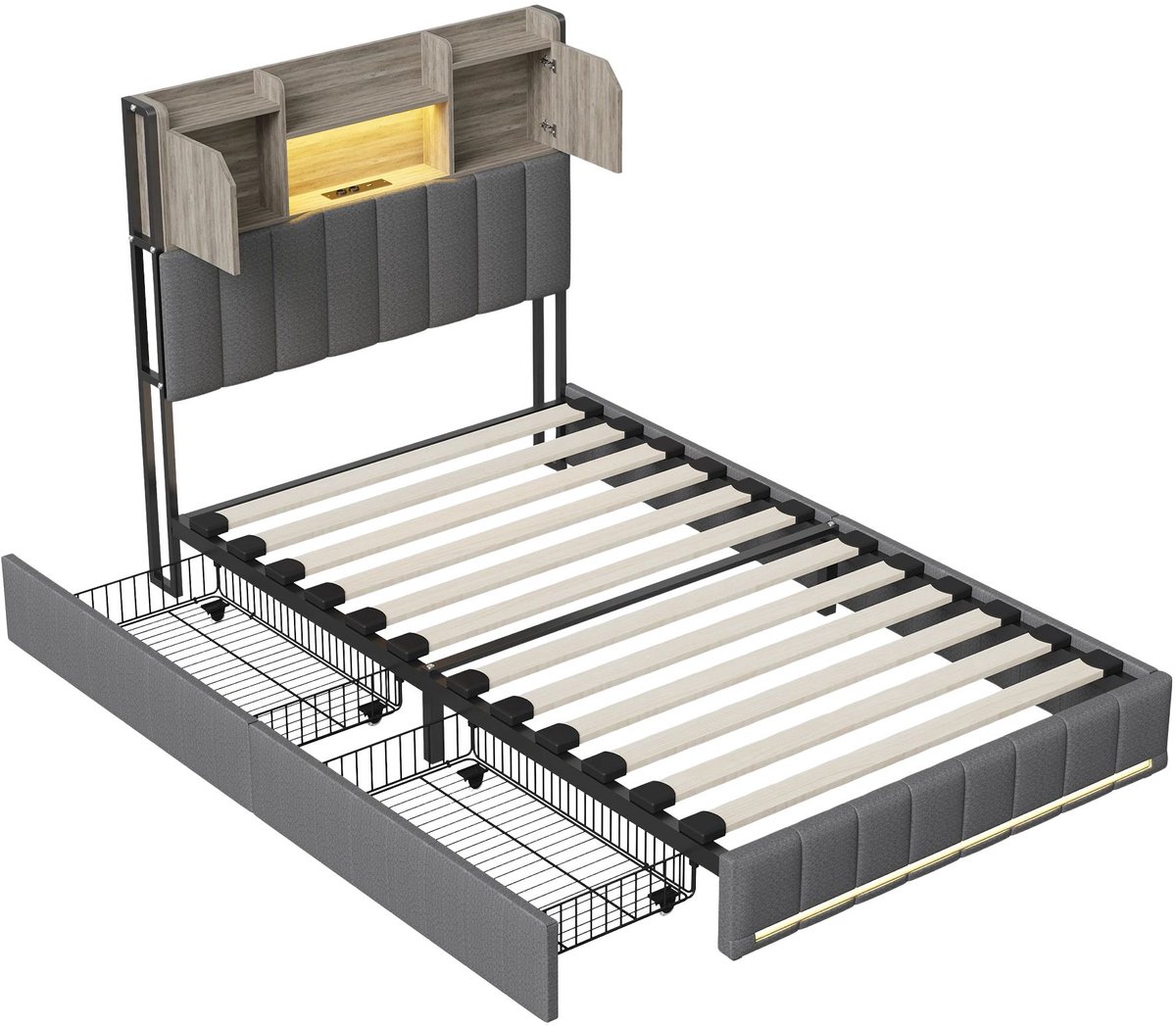 Happiq Gestoffeerd Eenpersoonsbed - Grijs, Stof en Hout Metaal 90 x 200 Cm - Bed met Opbergruimte en Lattenbodem, Compleet Bedframe Grijis