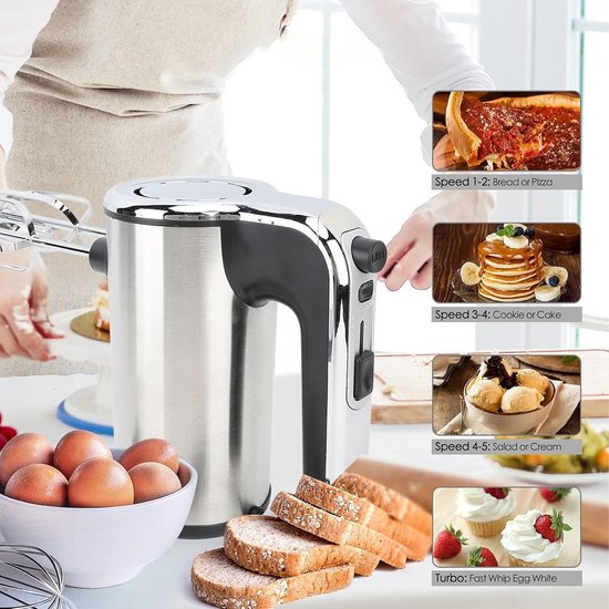 Elektrische Handmixer - Keukenmixer Slagroommaker - Ingrediënten Mengen - 500W Krachtige Motor - 20D x 17B x 9H cm - Zilver — afbeelding 2