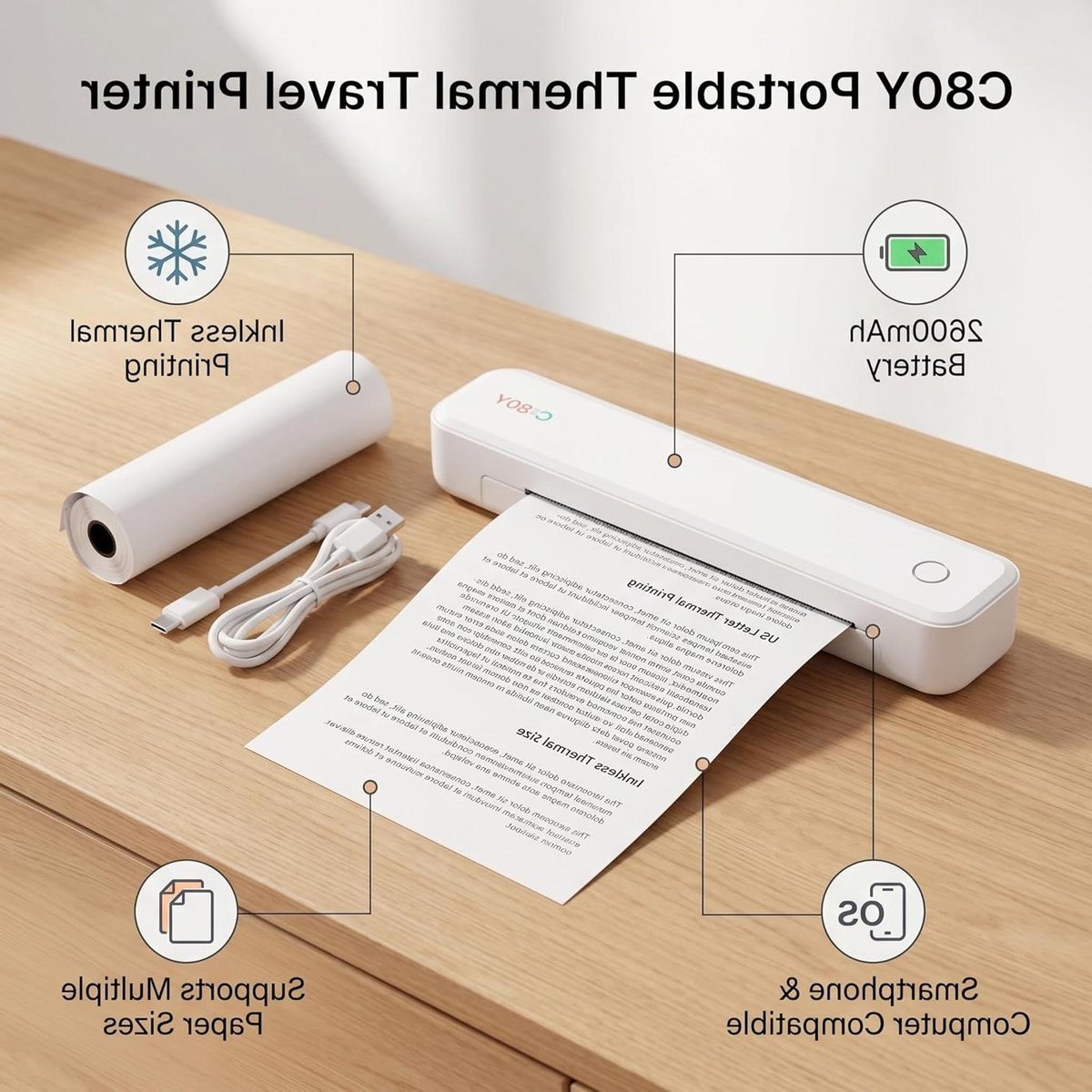 Draagbare Thermische Printer - Inktloze Printer Mobiel - Onderweg Printen - Inktvrij Printen - Tot 216mm Breed - Zwart