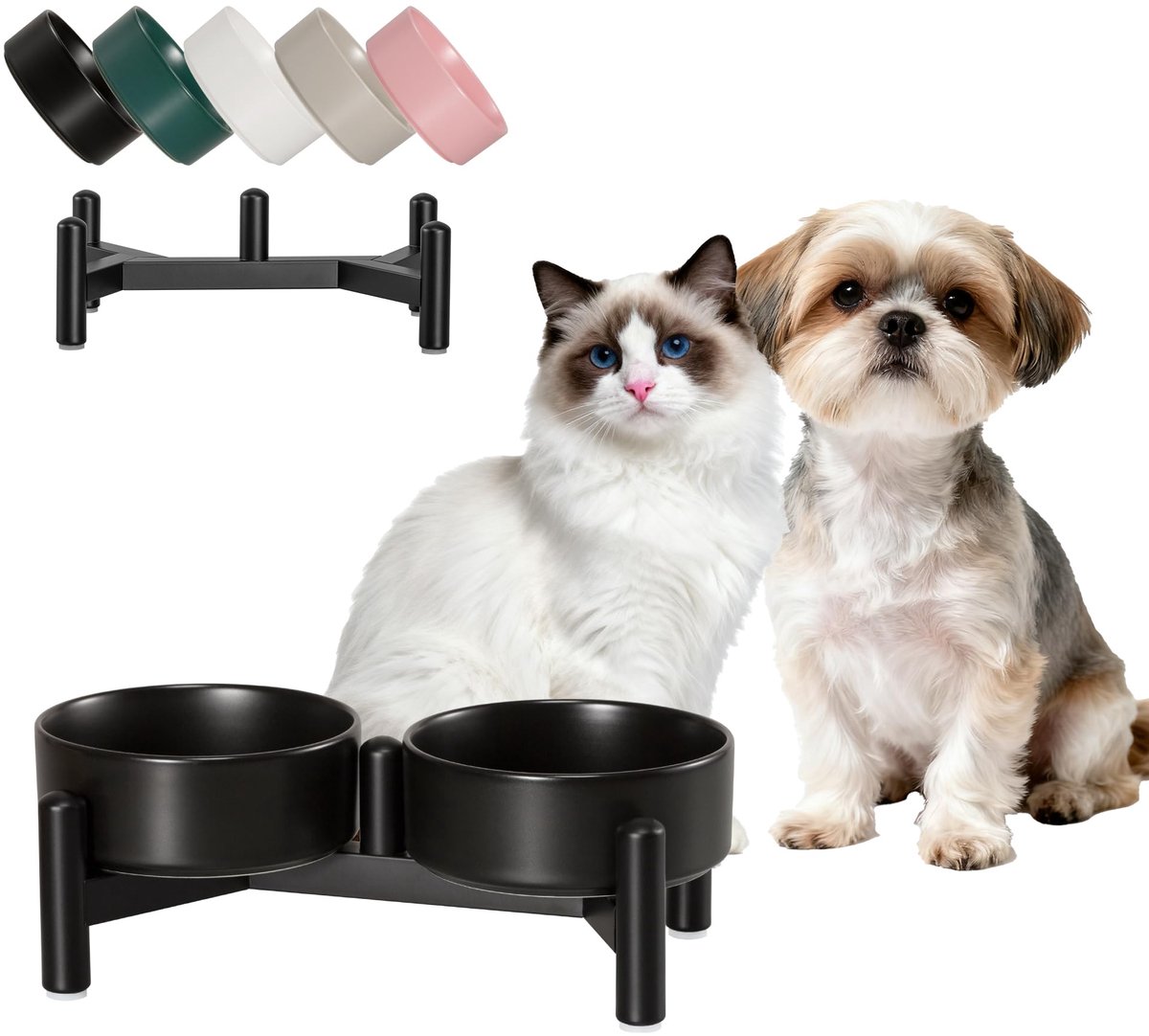 SnelShoppen - Verhoogde keramische hondenbakkenset - Dubbele voer- en waterbakken met roestvrijstalen standaard - Voor kleine honden en katten - 1,6 k