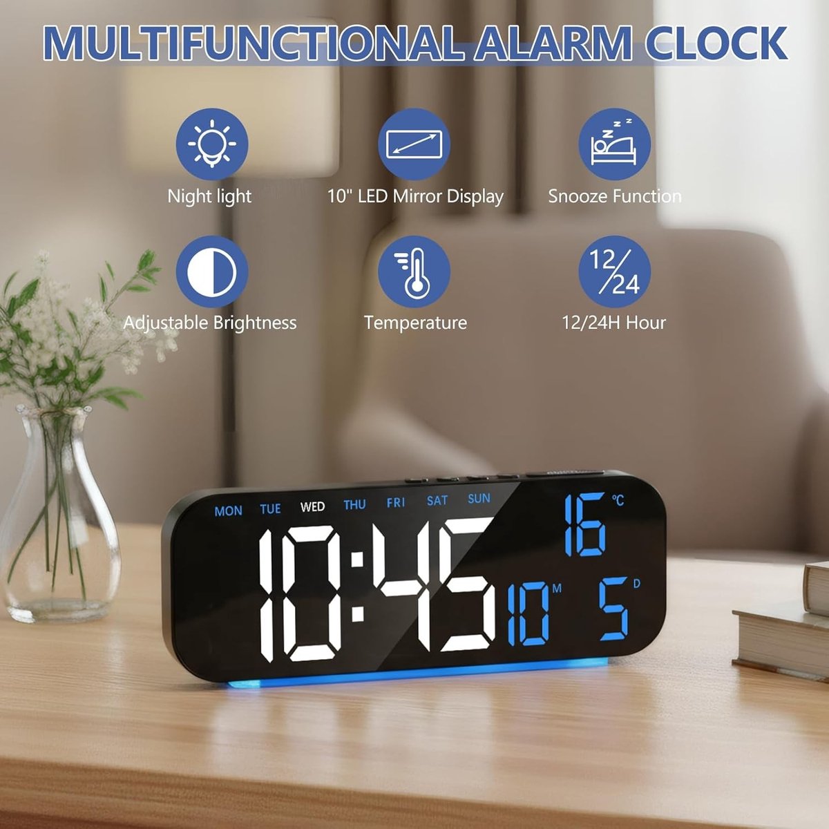 Digitale nachtkastwekker met 10 inch LED-display, dubbele wekker, nachtlampje en temperatuurweergave in 5 kleuren en 5 helderheidsniveaus