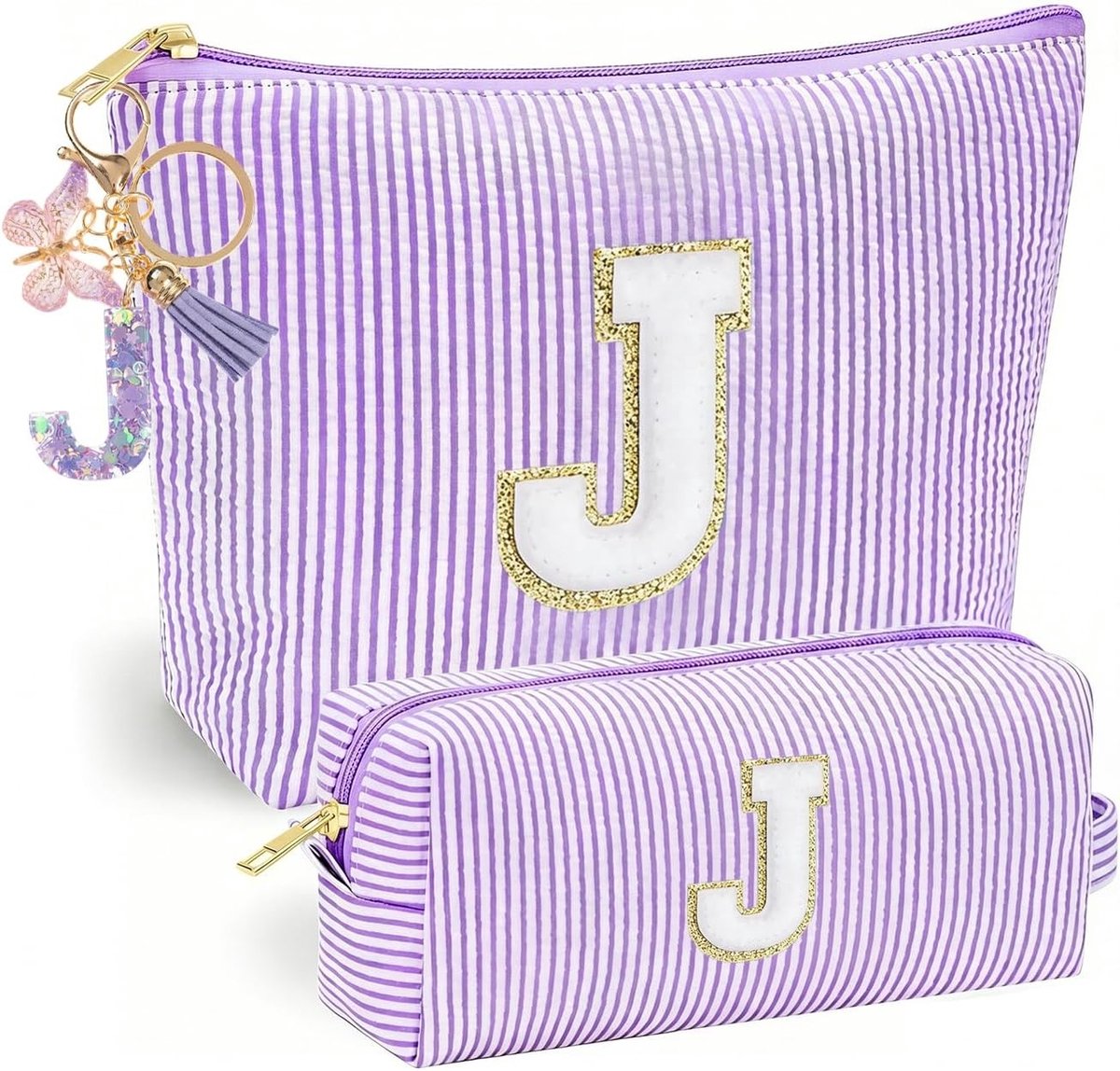 Gepersonaliseerde Cosmetictas in Paars met Vlinderkwast-sleutelhanger en Initiaal voor Meisjes, Perfect voor Make-up en Accessoires