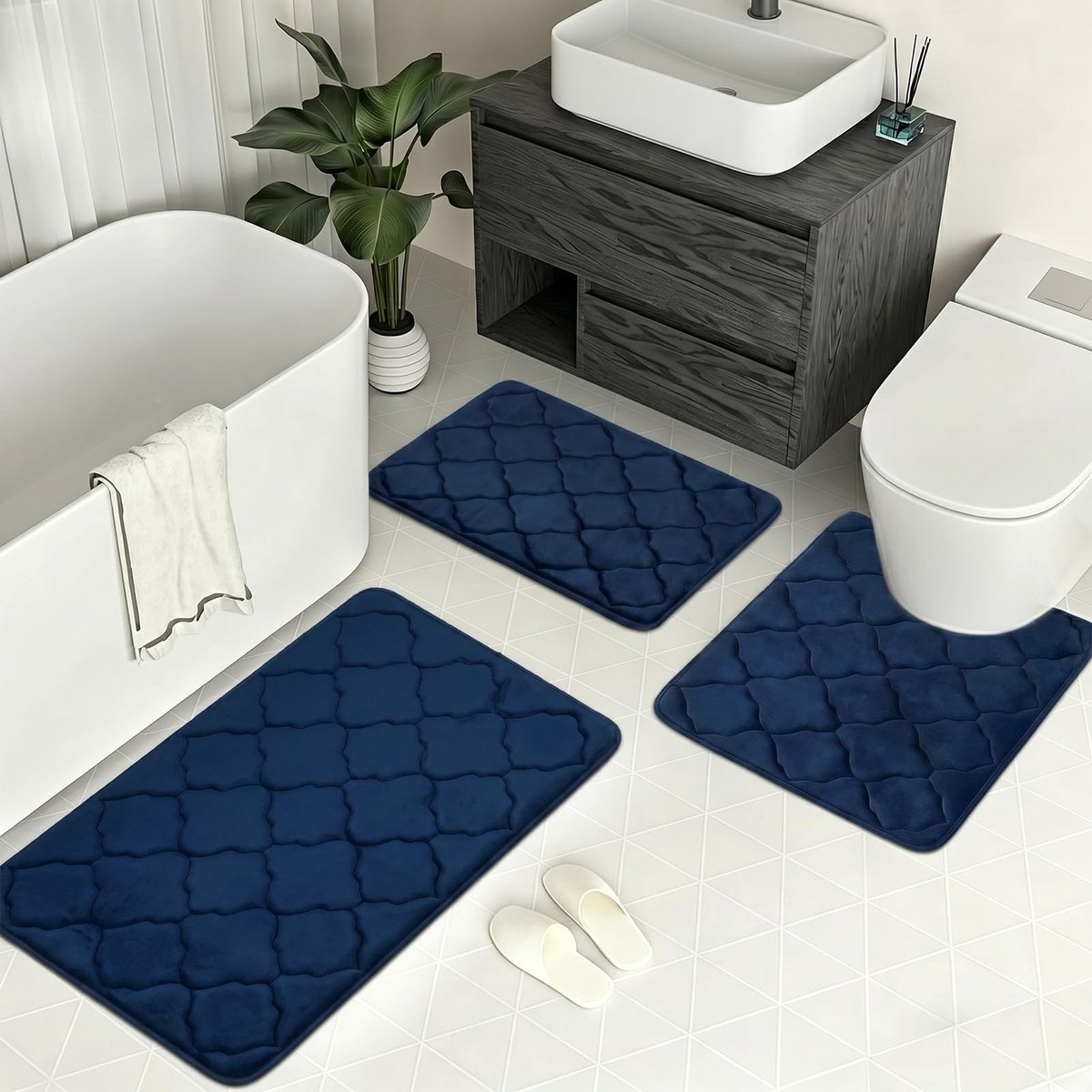 Omgoods - Set van 3 Antislip Badmatten van Traagschuim in Marineblauw
