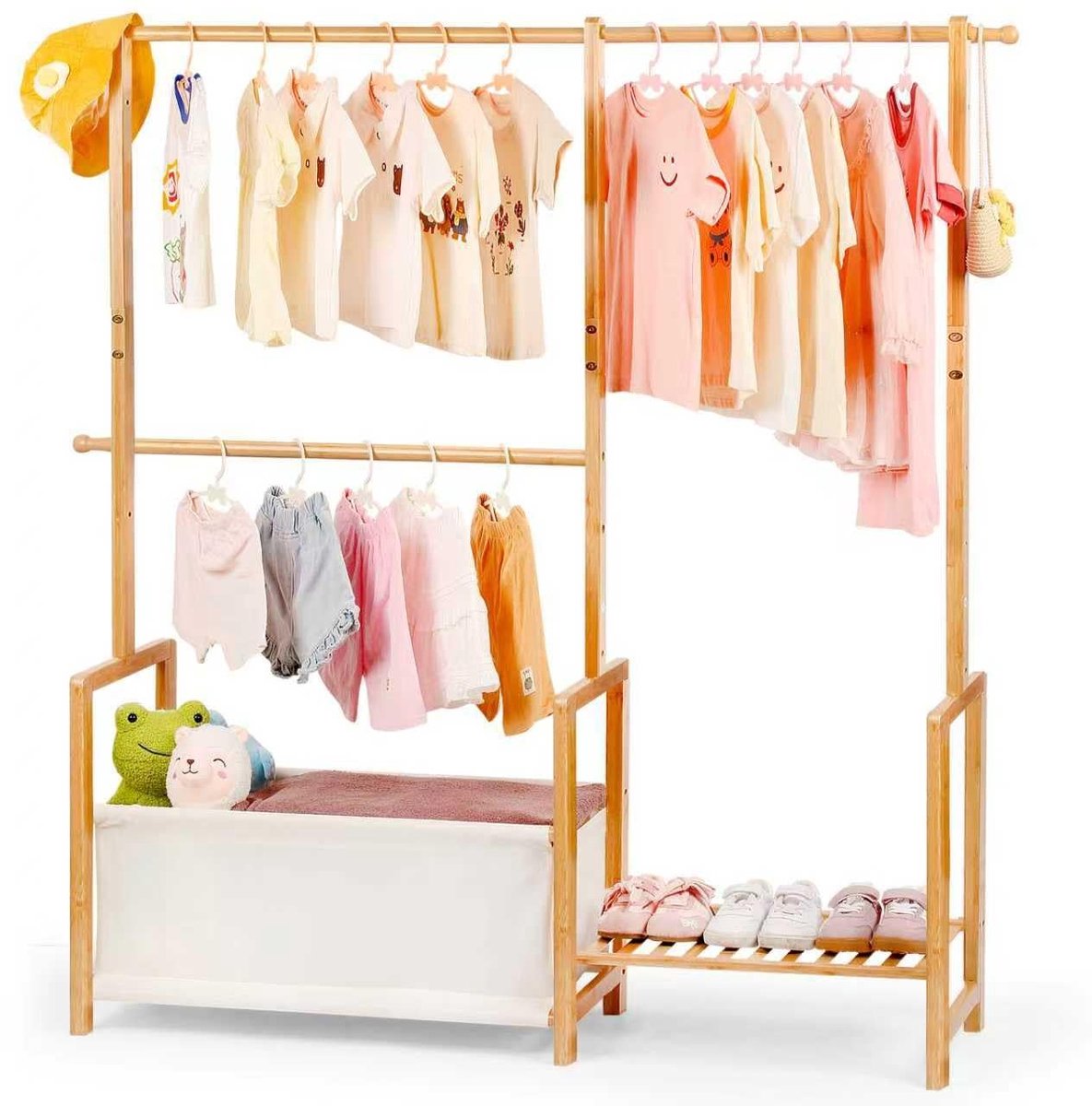 Omgoods - Bamboe Kinderkledingrek met Opbergtas en Plank