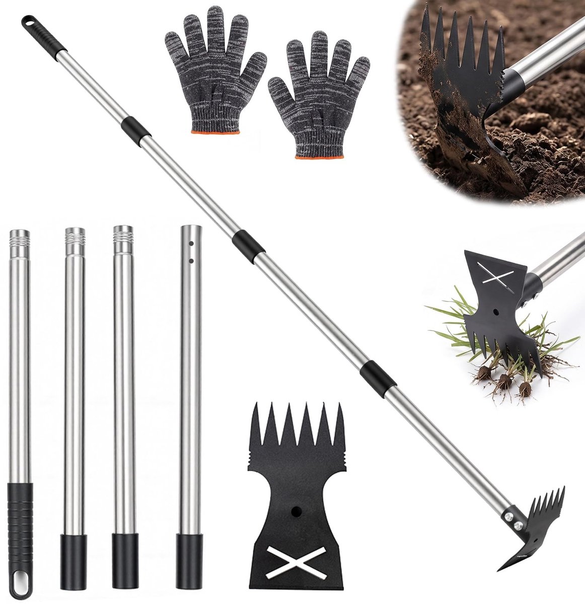 Omgoods - 2-in-1 Onkruidsteker met Verstelbare Steel en Tuinhandschoenen