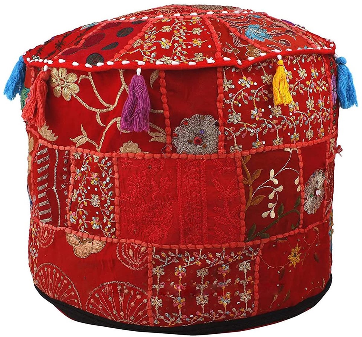 SnelShoppen - Indische poef met geborduurde overtrek, Indiaas katoen, rood, 56 x 35 cm, perfect voor woonkamer, tuin, camping, of feestelijkheden