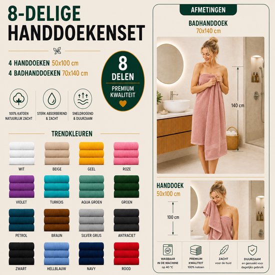 Ensemble de serviettes Komfortec – Set de 8 - 4 serviettes 50x100 cm et 4 draps de bain 70x140 cm - 100 % Katoen - Anthracite et rose