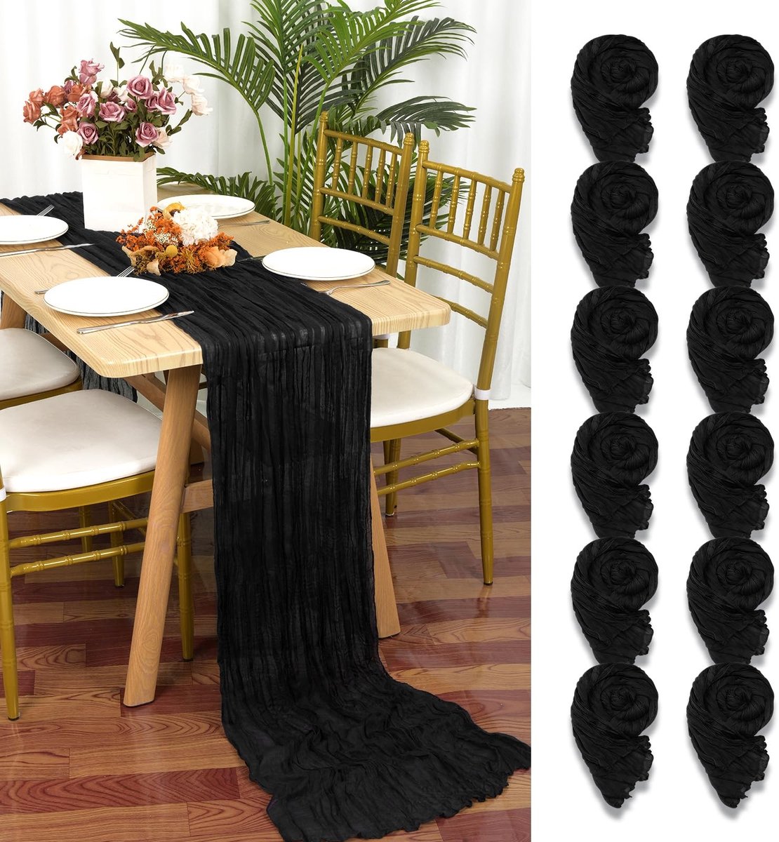 Omgoods - Set van 12 Zwarte Chiffon Tafelrokken 55 x 300 cm voor Feestdecoratie