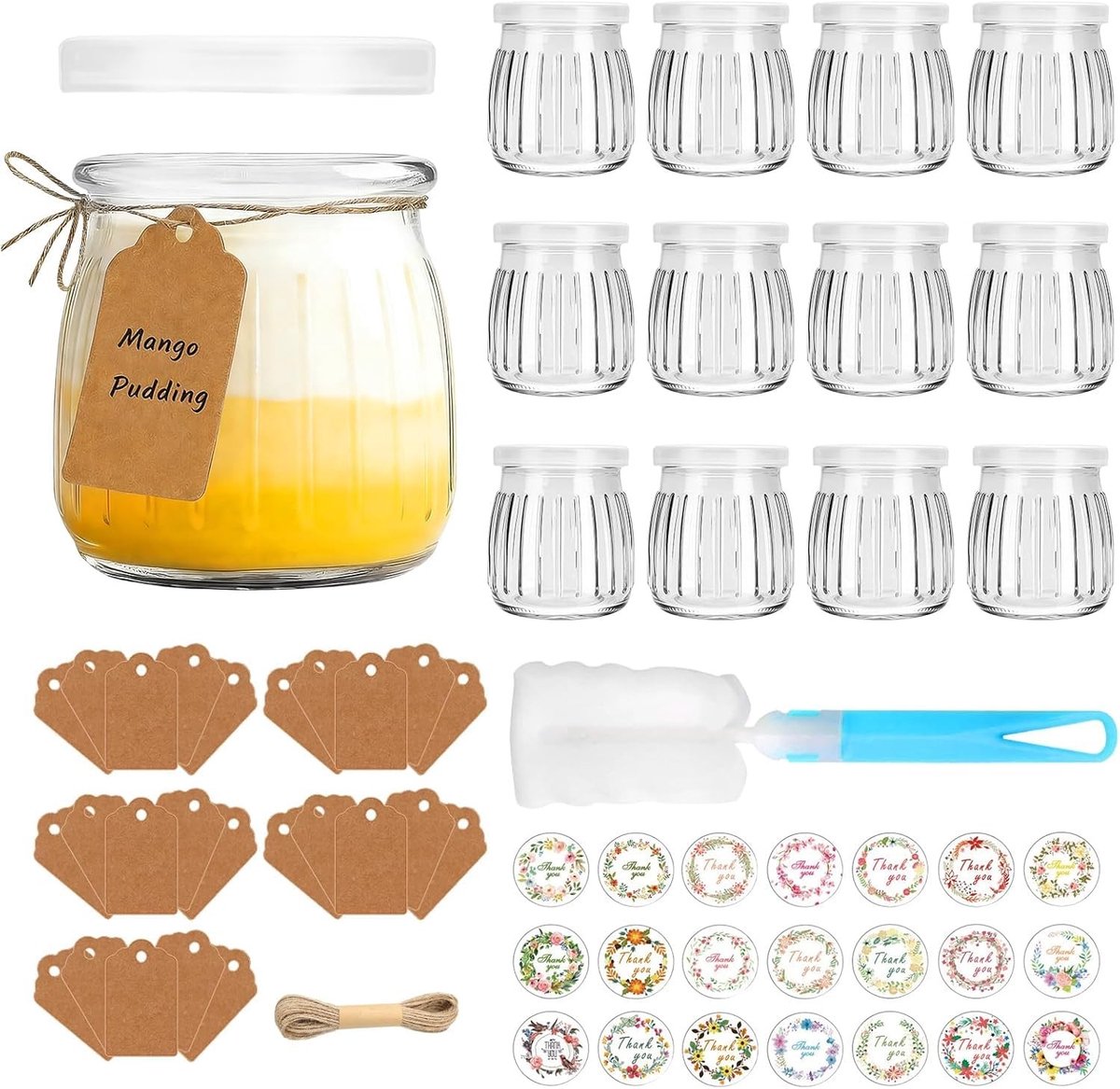 Omgoods - Set van 12 Glazen Jars voor Yogurt en Pudding 200ml met Deksel