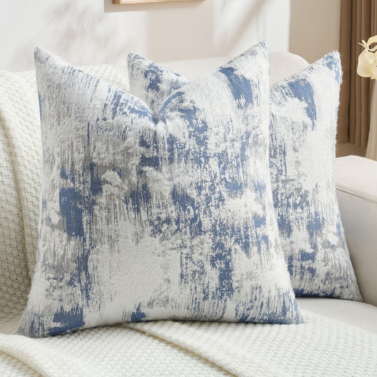 Omgoods - Set van 2 Cashmere Kussenhoezen 50x50 cm Blauw/Wit