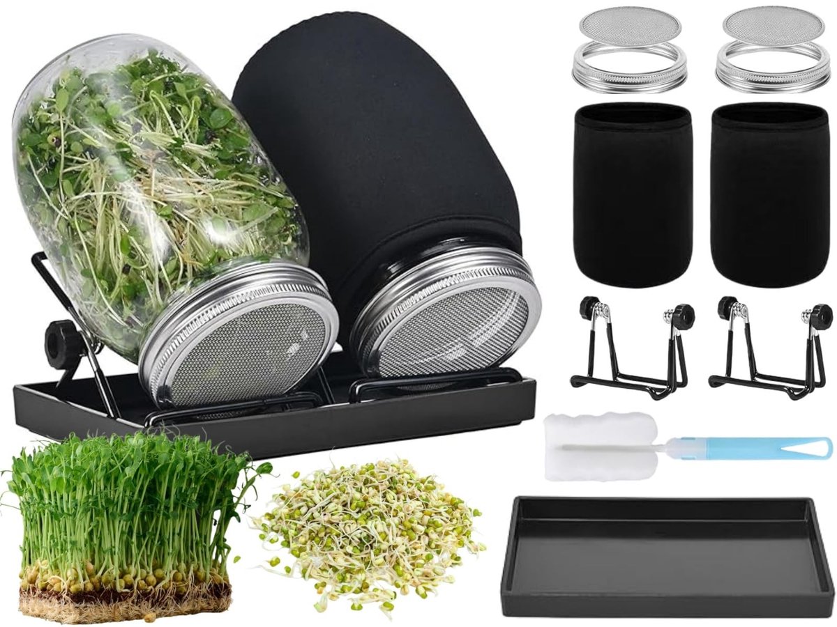 Omgoods- Kiempot Set - Twee Kiempotten - Glazen Containers - Roestvrijstalen Houders - Lekbak - Kiemgroente - Kiemset