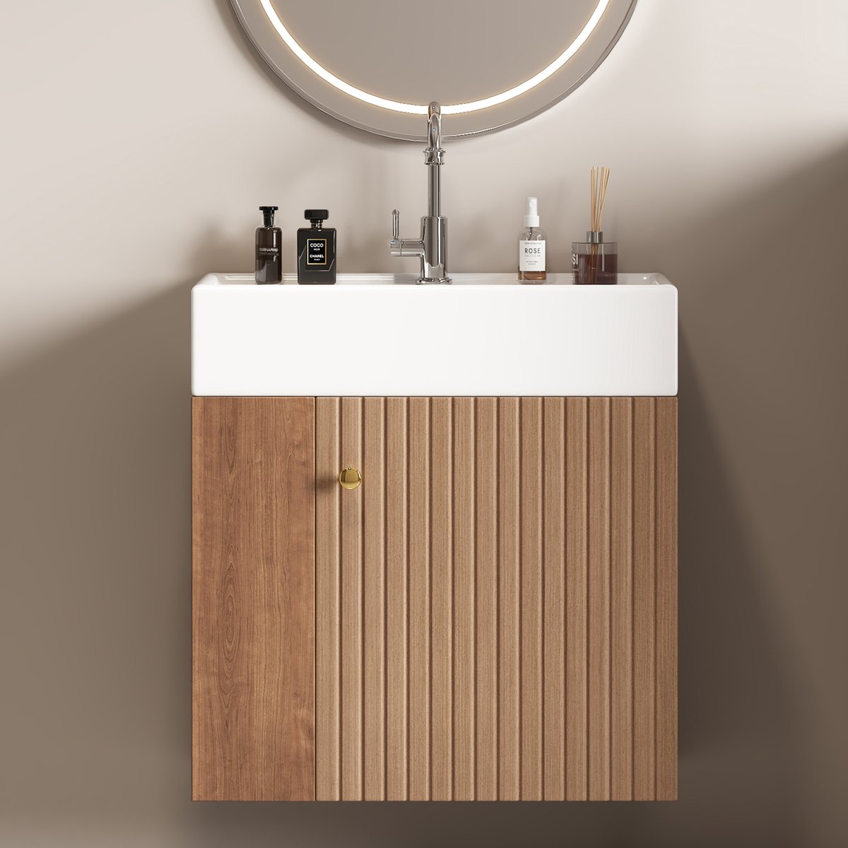 DESMIU Badkamerkast - Hangend Wastafelmeubel Met Opbergruimte En Zijvakken - Voor Kleine Badkamer Of Gastentoilet - MDF - 55x31x66,5 Cm - Bruin
