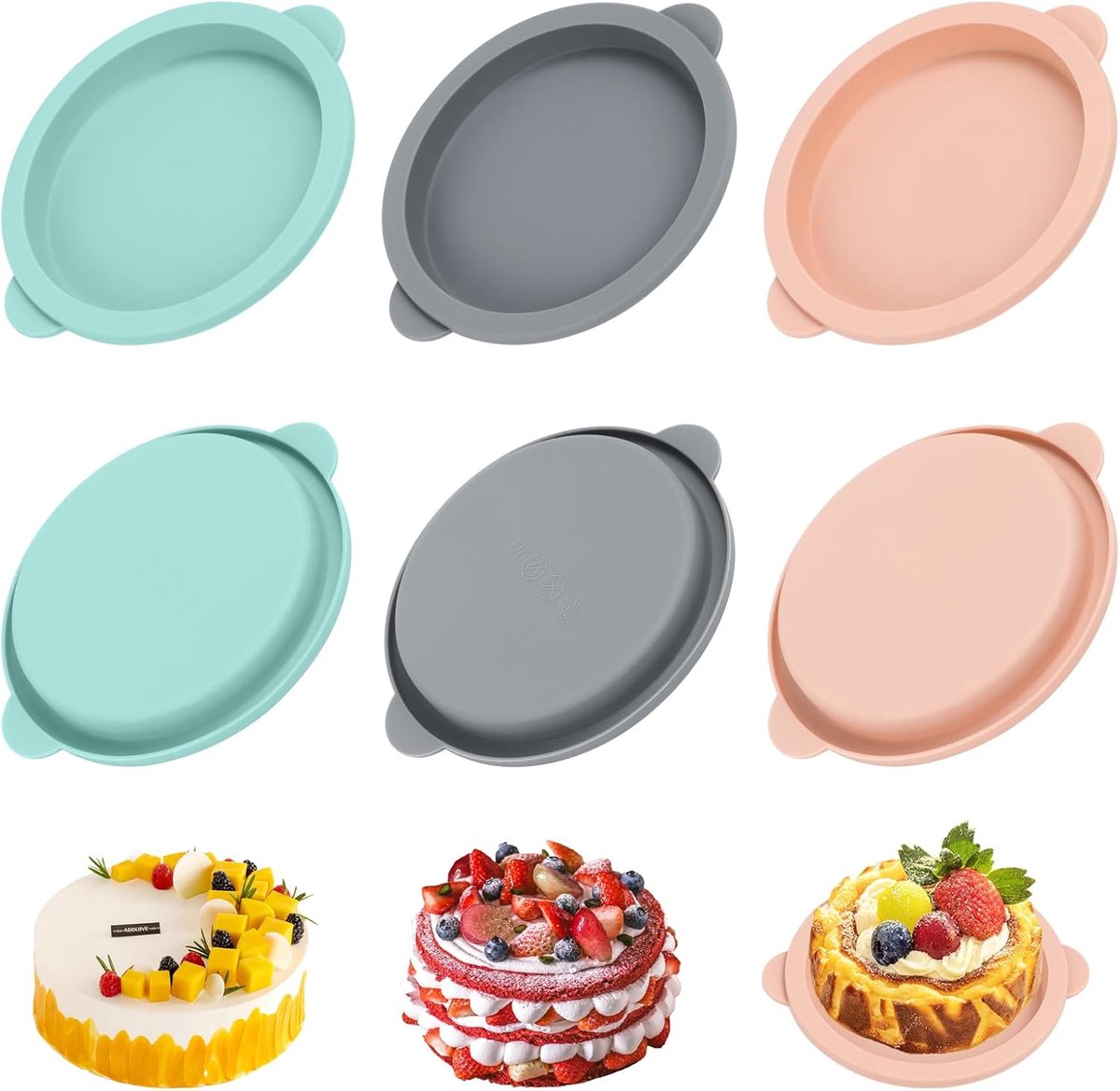 SnelShoppen - 6 Stuks Ronde Siliconen Bakvormen Set, Airfryer Mallen, Bollen Mallen, Hamburger Broodjes, Kleine Taartvormen, Eieren, Blauw, Grijs, Roz