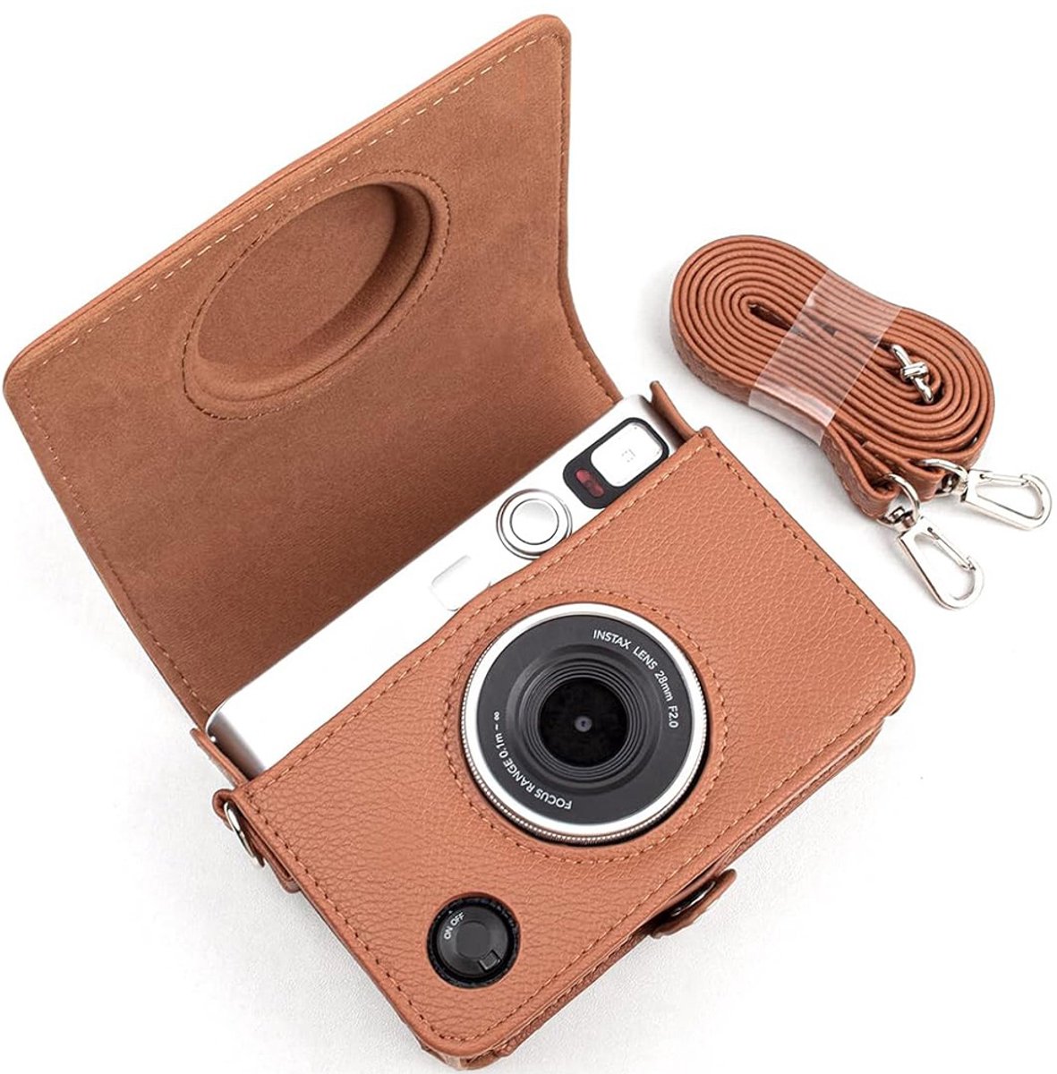 Case Geschikt voor Fujifilm Instax Mini Evo - Pu Leer Hoesje - Wordt Geleverd met Een Verstelbare Schouderriem - Bruin