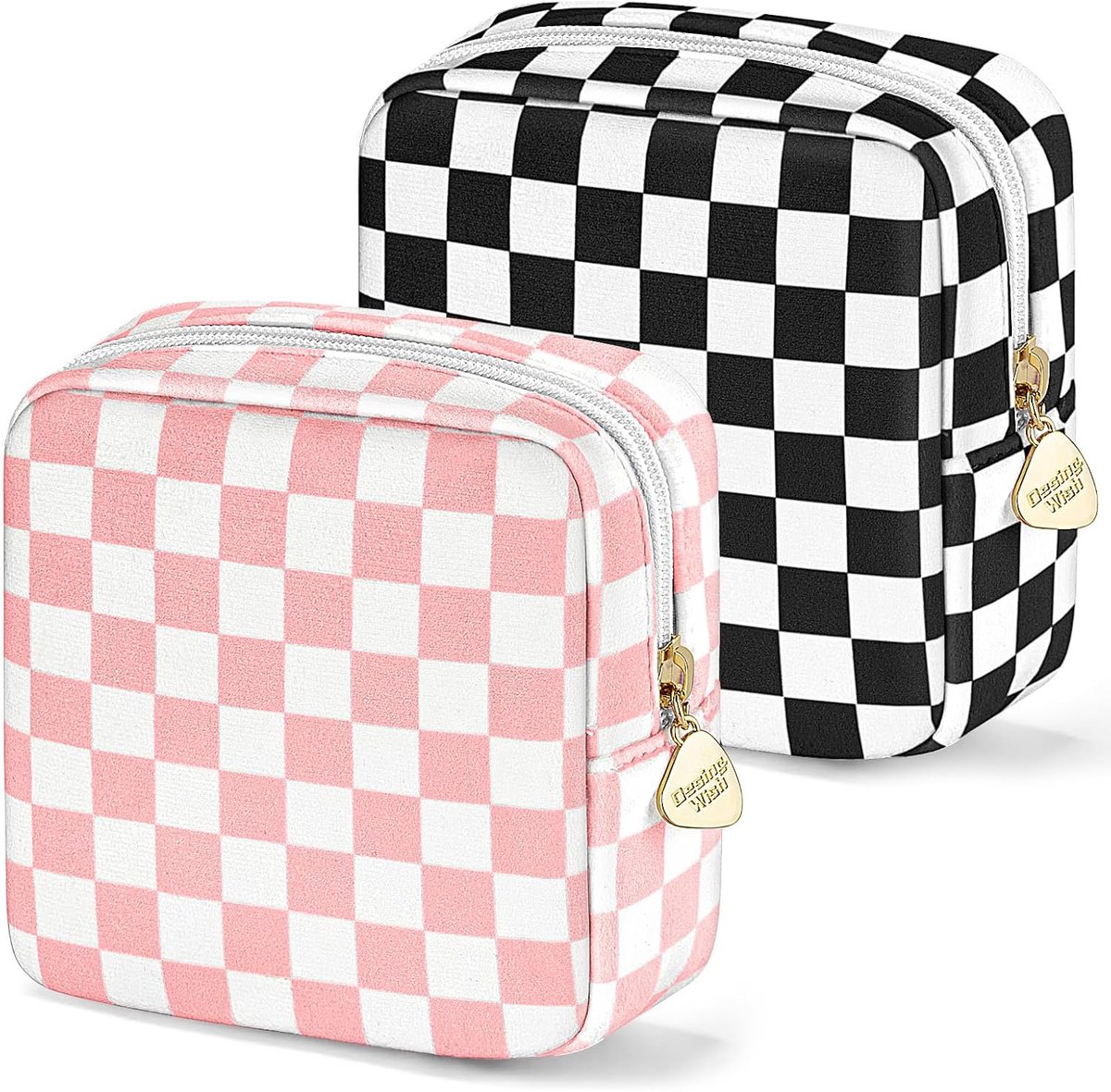 make up bag small ladies, Pink black chessboard pattern - 2 pieces - ShopVlot