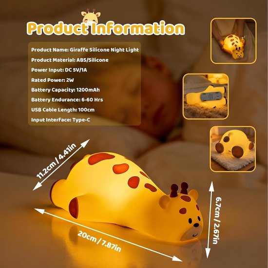 Nachtlampje voor kinderen - Siliconen giraffe nachtlampje - 3 instelbare helderheidsniveaus - Touchbediening - 7 kleuren - Timerfunctie - Oplaadbaar, geschikt voor baby's en peuters - Decoratief lampje - Cadeau voor de slaapkamer — afbeelding 4