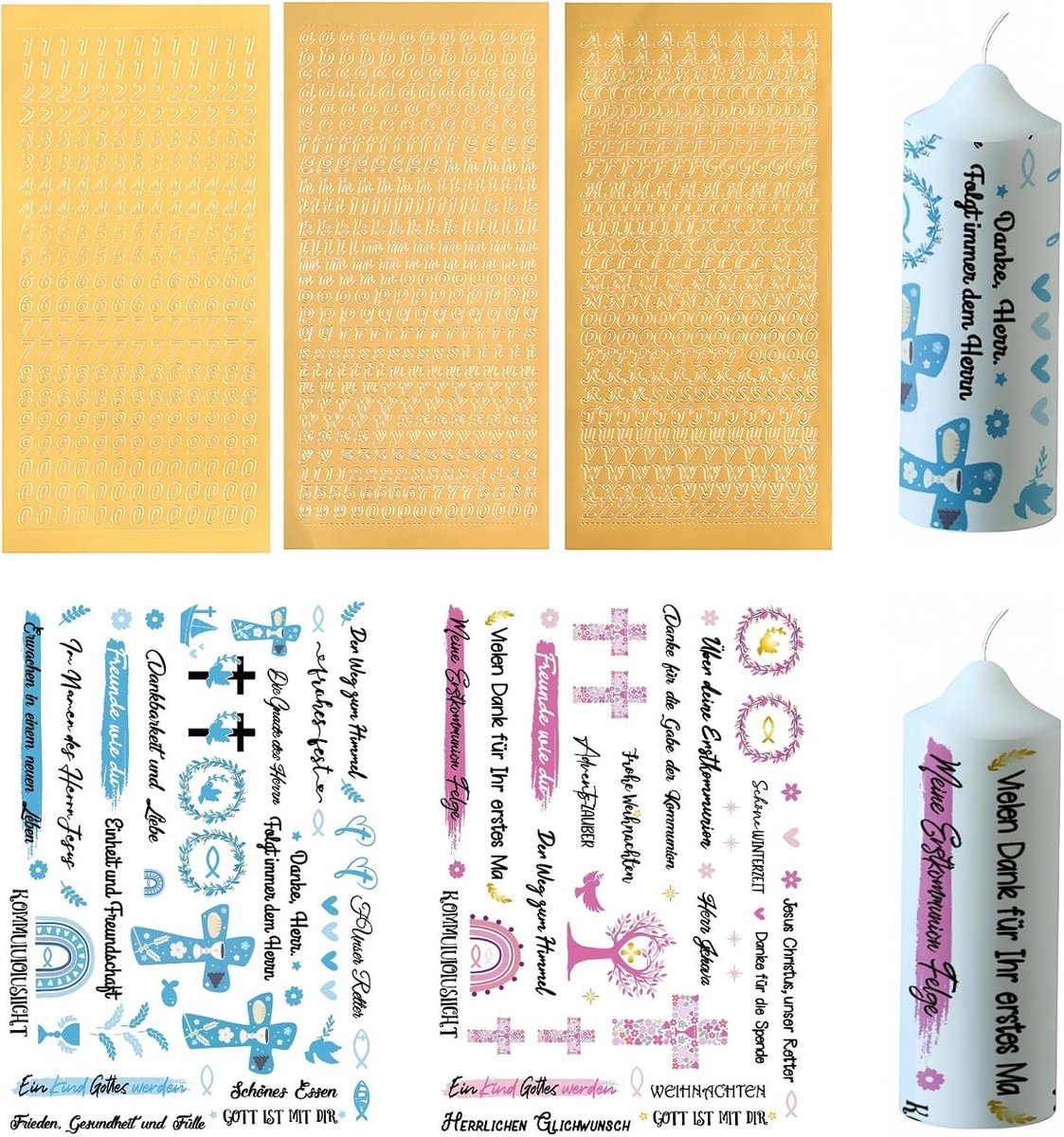 QGK 5 Pieces Communion Decoration Set, 2 Pieces Candle Tattoos, Communion Candles, Tattoo Film and 3 Pieces Capital - ShopVlot
