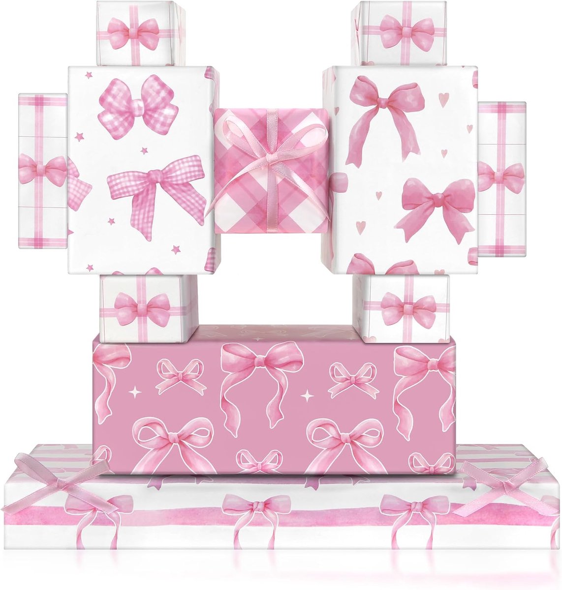 SnelShoppen - 6 Vellen Roze Strik Inpakpapier met Lint voor Meisjes en Vrouwen, Roze Witte Geruite Strik, Zoete Prinses Geschenkpapier voor Valentijns