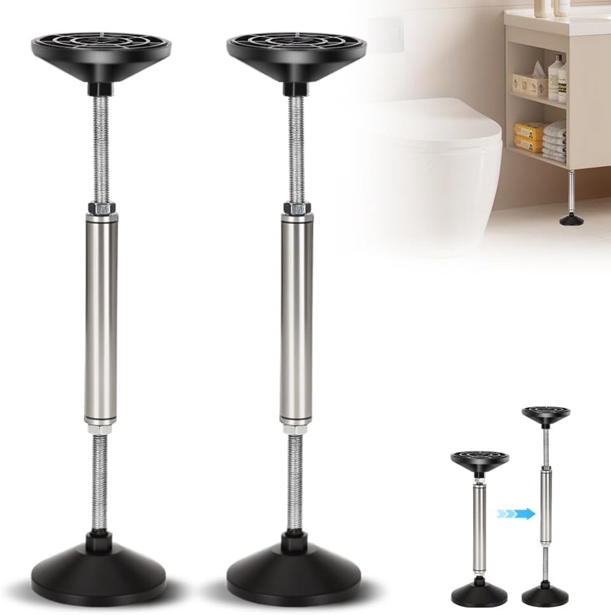 SnelShoppen - Telescopische Steunbalk 38-52 cm, Verstelbare Ondersteuningsbalk, 300 kg Draagkracht, RVS en Aluminium, Ideaal voor Kasten, Sofas, Wasta