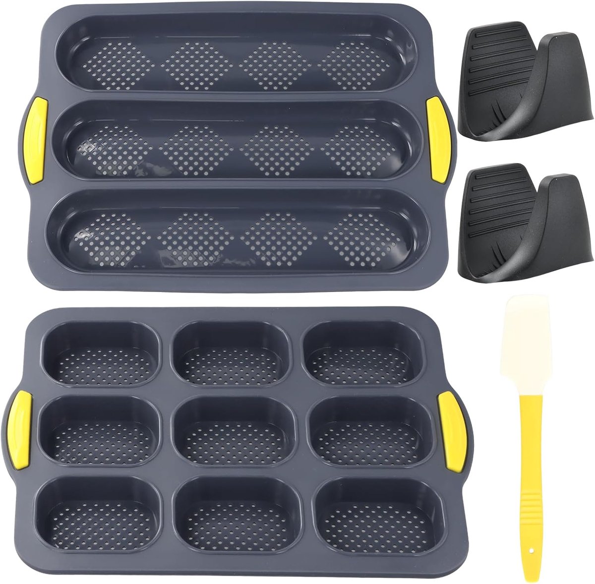 SnelShoppen - 2-delige Franse broodpannen met anti-aanbaklaag, mini broodvorm voor baguettes, met 1 silicone schraper en 1 paar handknijpers, ideaal v
