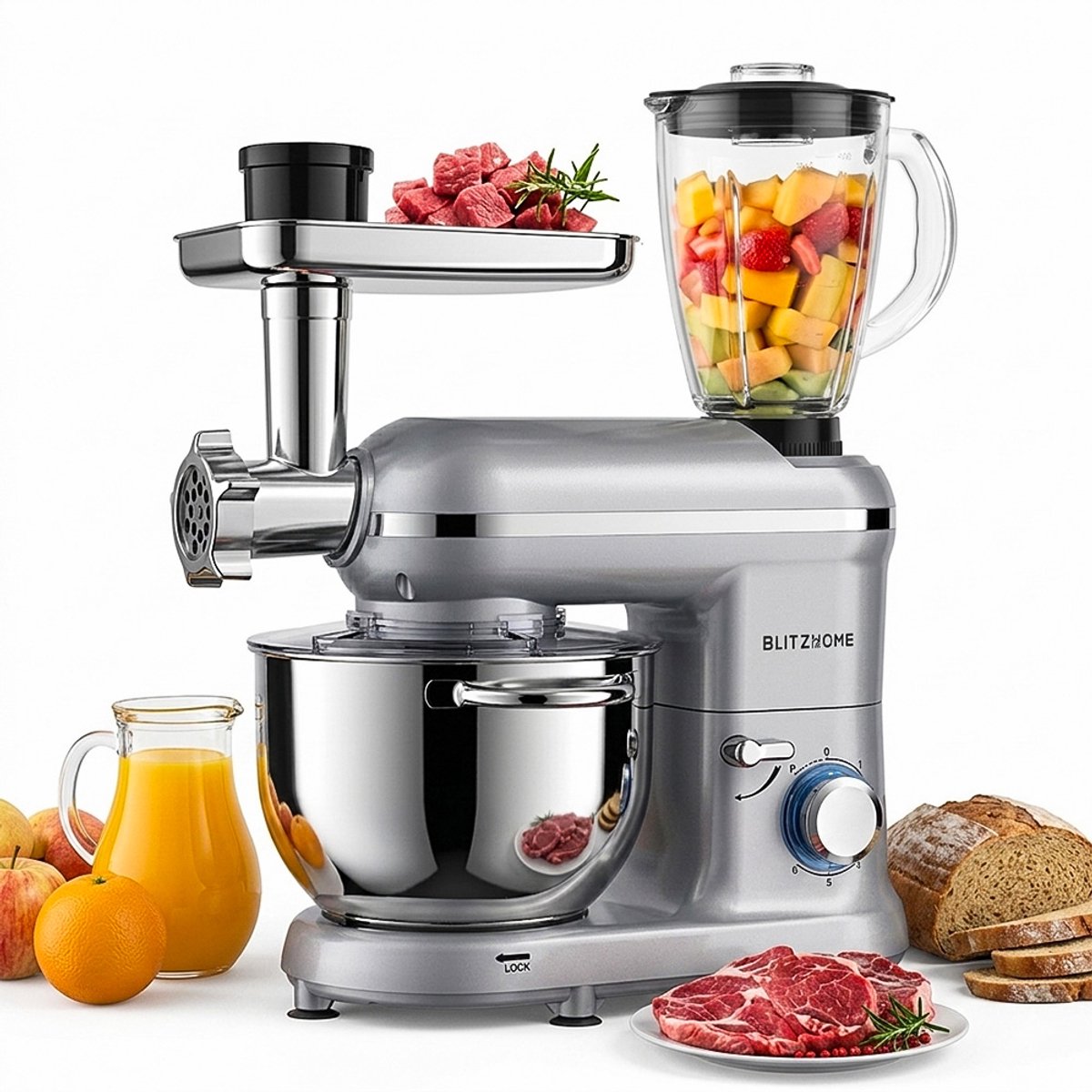 BlitzHome BH-SM10 Keukenmachine 1900W - 6L Standmixer met Vleesmolen, Blender 1,5L, Groentesnijder, Worstmaker - 6 Snelheden - RVS Mengkom - Zilver