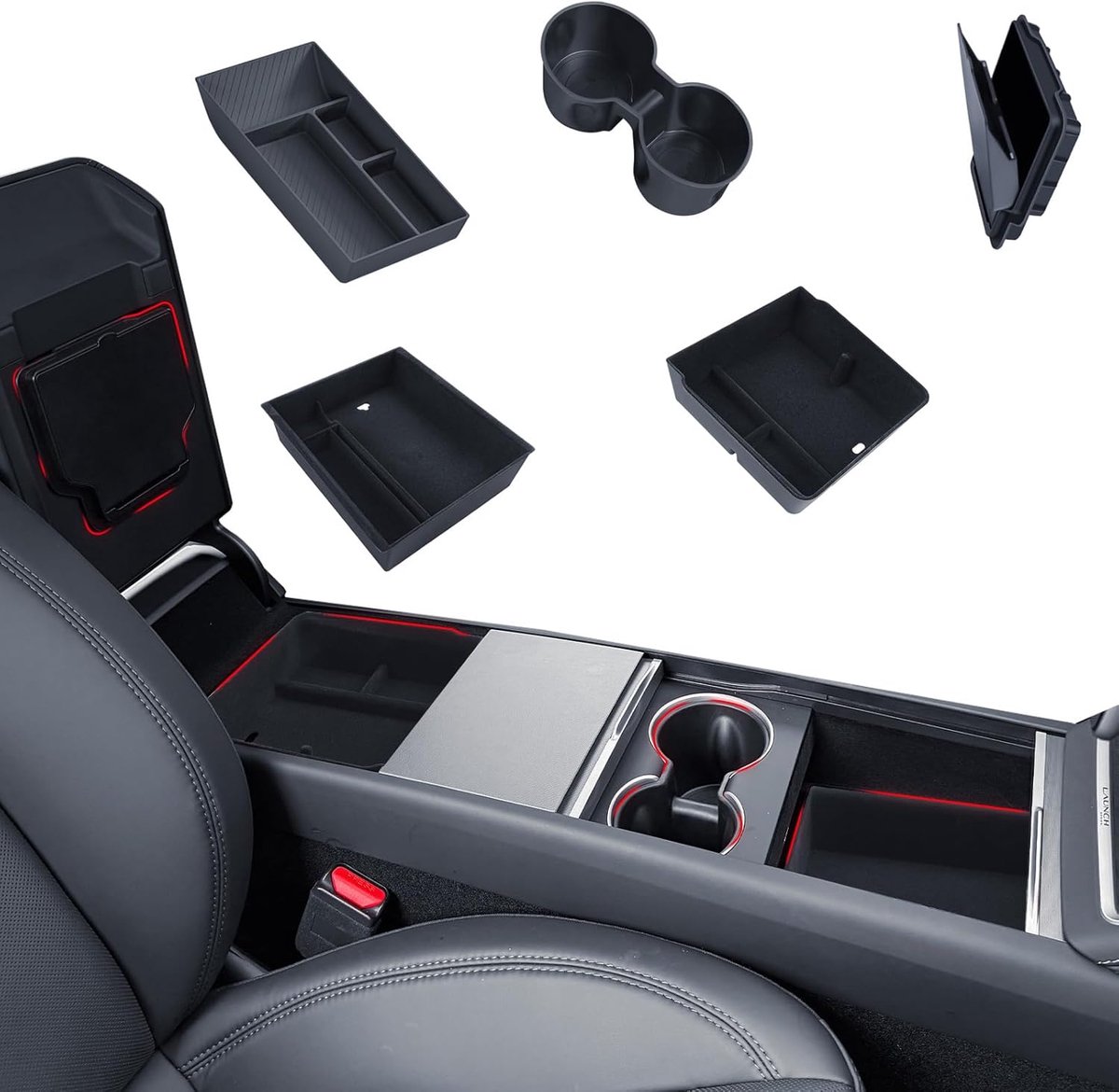 SnelShoppen - Auto Opbergbox Accessoires Set, Console Opbergdoos, Siliconen Schalen, Armsteun Opbergbox, Verborgen Box en Bekhouder (5-delig Model Y 2