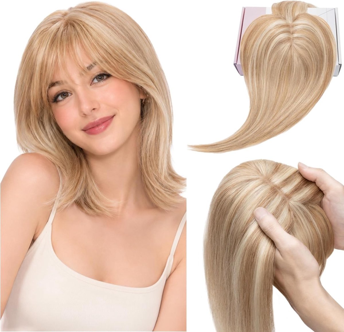 Clip-in haarstukjes van echt haar met pony voor dames, 360° 3D-afdekking, Remy haar, haarstukjes, haarverlenging, zandblond met platinablond, 35 cm lengte