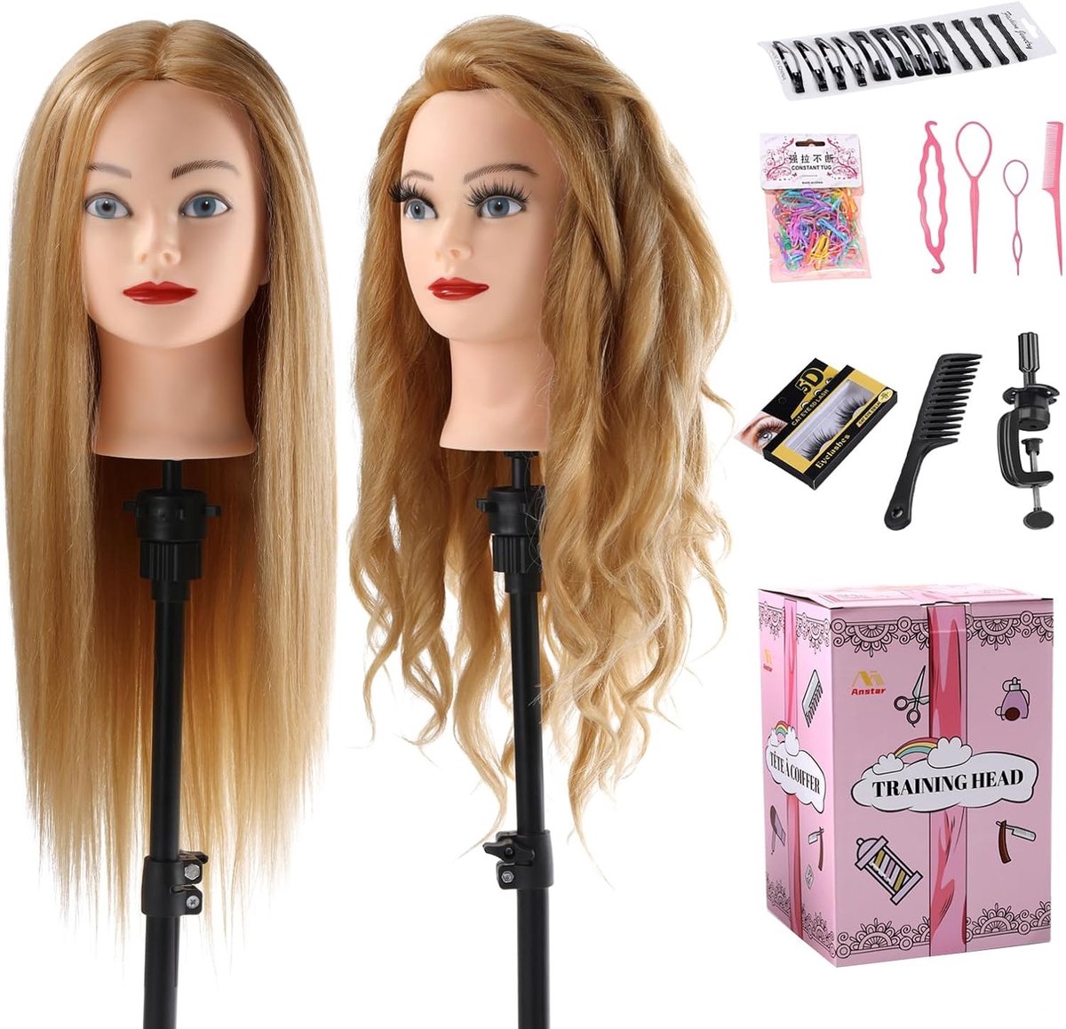 Mannequin Hoofd met 70% Echt Haar voor Kappersopleiding en Haarstyling - Inclusief Tafelknijper en Accessoireset voor Oefeningen