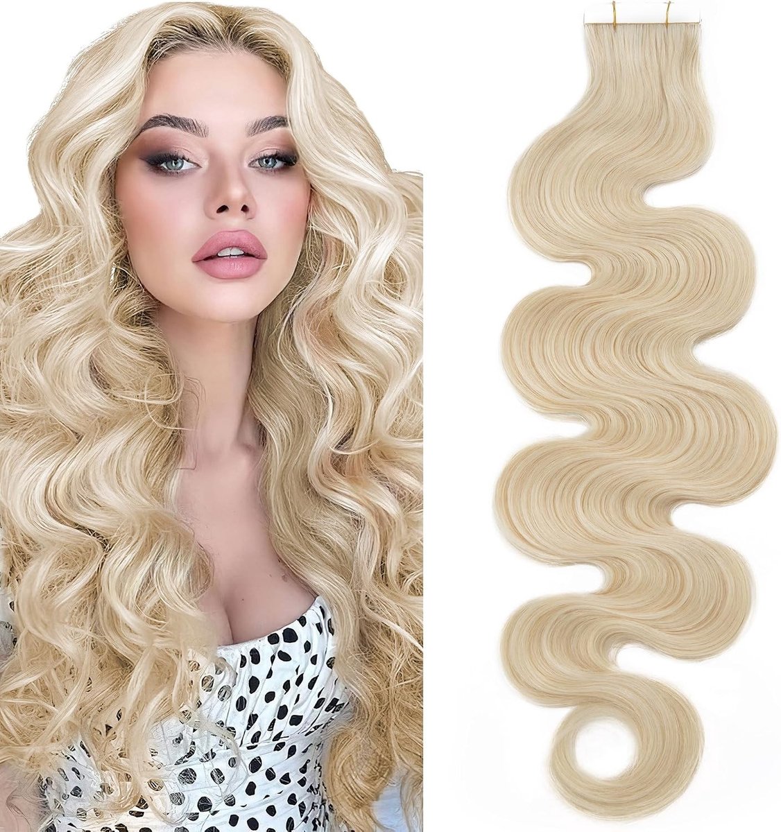 Tape Extensions Echthaar Gewellt 12 Zoll/30 cm - 20 Stuks Klebeband Haarverlenger 100% Remy Haar met 10 Vervangende Tapes in Platinumblond #60 voor Volumineus Haar