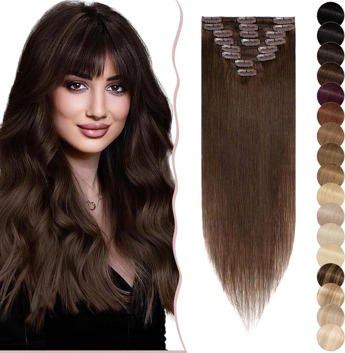 Clip-In Echte Haar Extensions Set van 8 Delen, 100% Remy Menselijk Haar, Dun 55 cm #04 Middelbruin, Perfect voor Volumineuze Haarstijl
