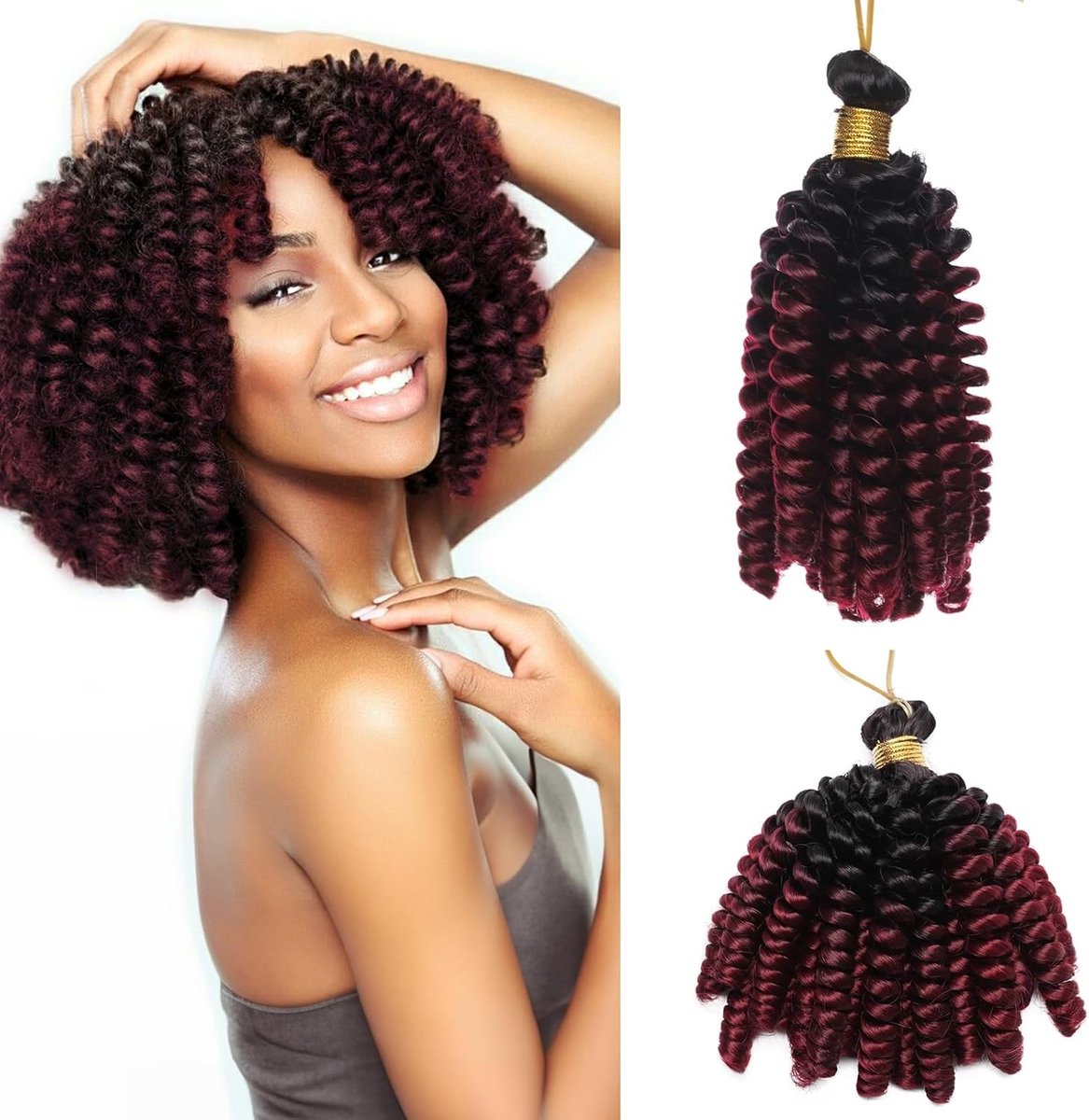Jamaican Bounce Crochet Haar Extensions, 6 inch Jumpy Rod Krullen, Korte Pre-Looped Curly Vlechten voor Zwart Vrouwen, 3 Pack 180g, Zwart naar Charm Rood