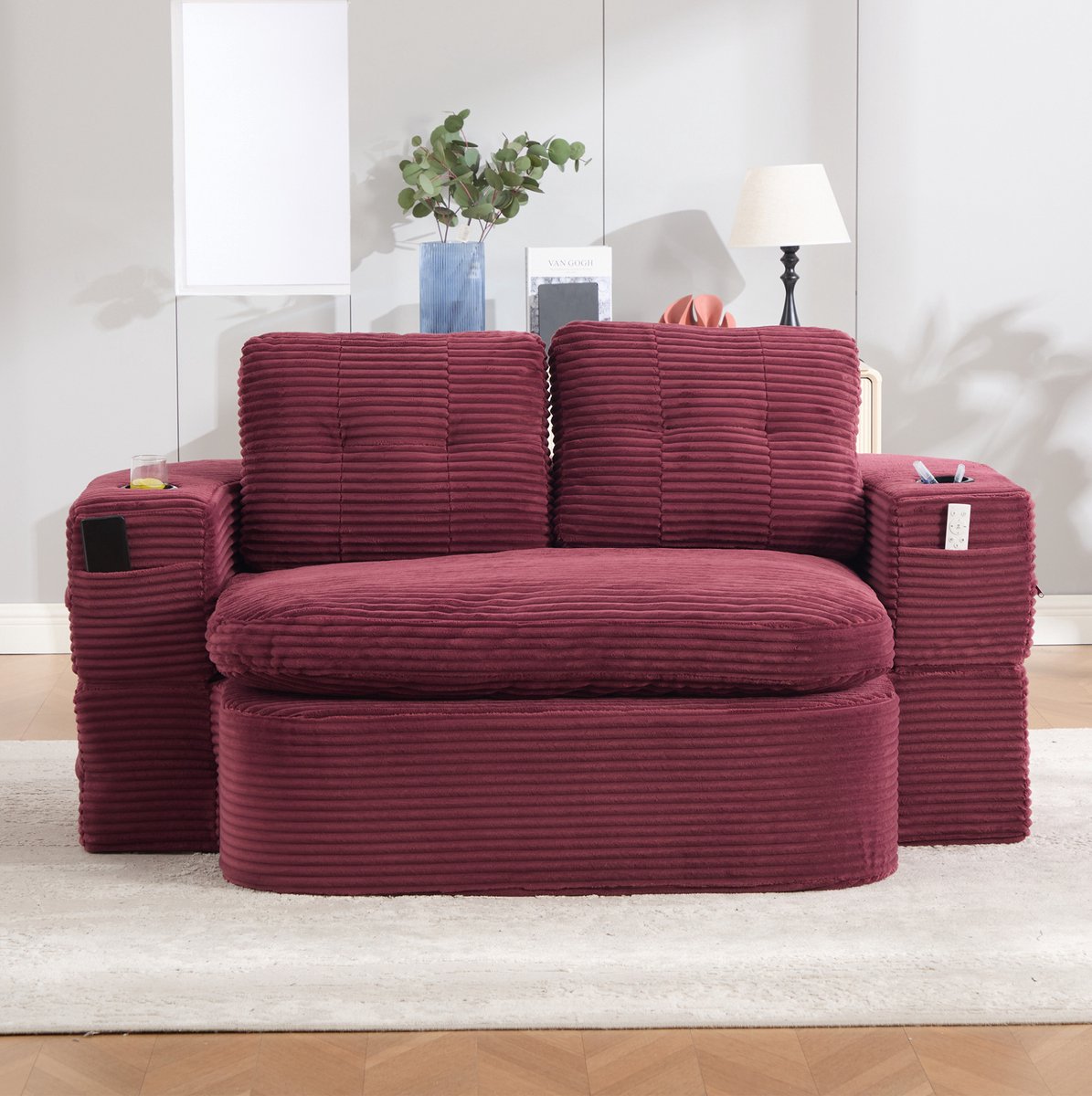 OKWISH Slaapbank 165 x 97 x 61 cm - 2-in-1 Met Ligfunctie, Bekerhouders En Zijvakken - Woonkamer Of Slaapkamer - Cord - Wijnrood