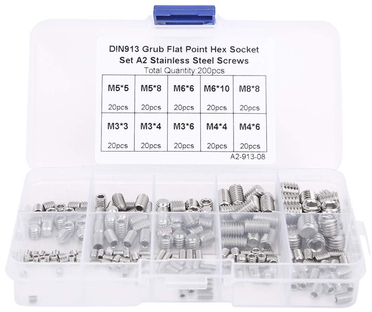 SnelShoppen - 200 stuks M3/M4/M5/M6/M8 Rvs Grub Schroeven, Inbusschroeven Set met Opbergdoos voor Precisie-instrumenten, Meetapparatuur en Elektronisc