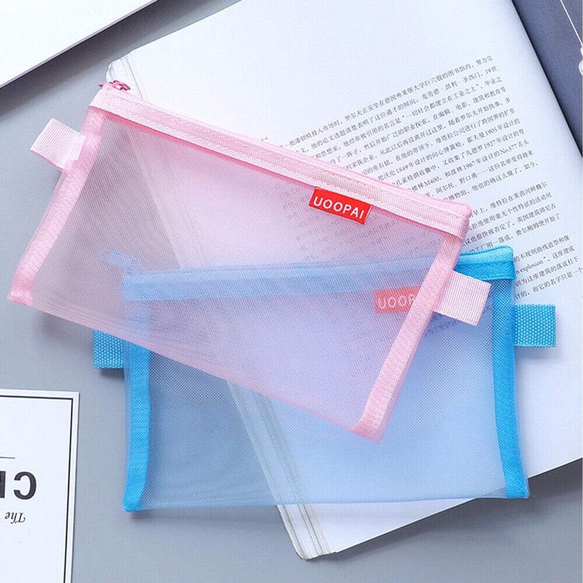 SnelShoppen - Pencil Case - Transparante Mesh Pennenzak met Rits - Cosmetica Tas - 2 Stuks - Voor Pennen, Make-up, Reizen, School, Kantoor