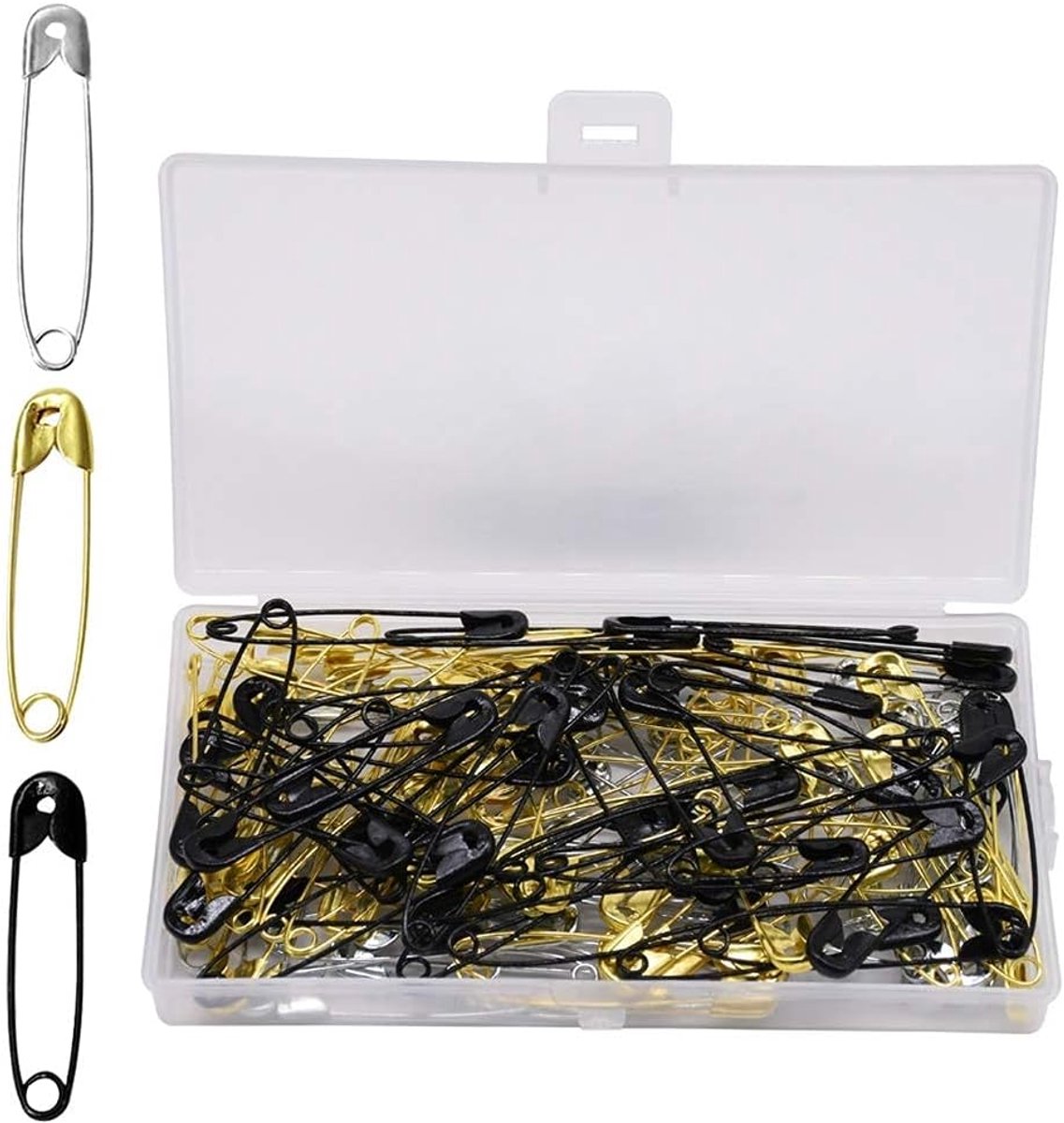 SnelShoppen - Veiligheidsnaalden Set van 120 Stuks, Kleine en Grote Veiligheidsnaalden, Assortiment van 7 Maten, Goud, Zilver, Zwart, 53 mm voor Handw