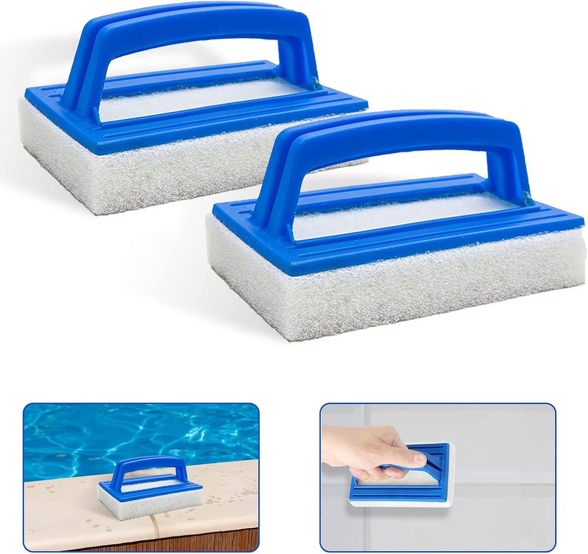 SnelShoppen - 2 stuks zwembadspons-borstels voor zwembadreiniging, handschrobben met handvat, 14,5 x 8,5 cm, duurzame spons zwembadbodemborstel voor s