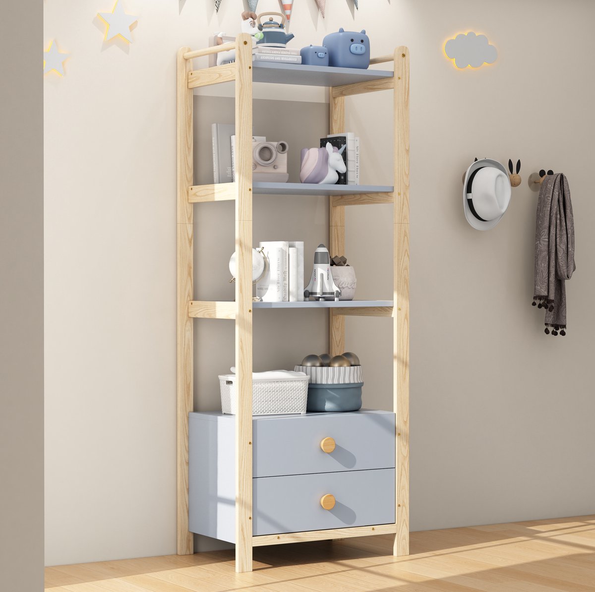 COVREO Boekenkast 70 x 44 x 180 cm blauw, dennenhout en spaanplaat, 2 lades