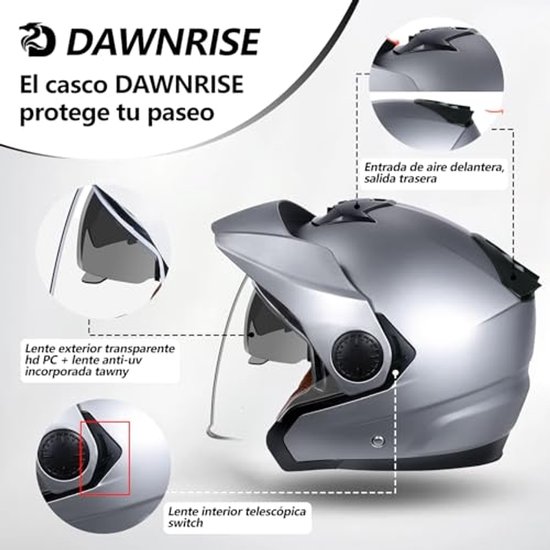 Gedetailleerde grijze DAWNRISE motorhelm met dubbel vizier en ventilatie.